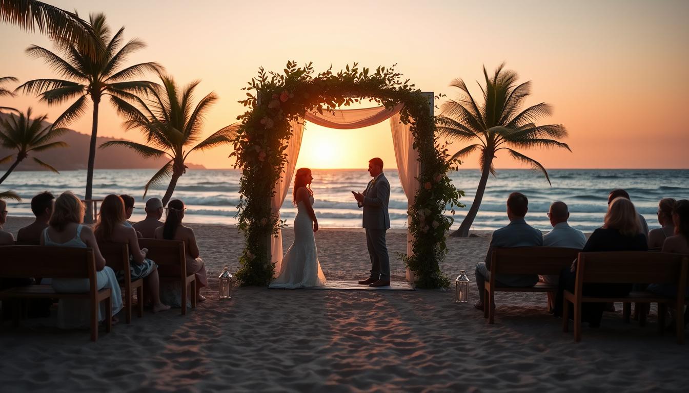 A serene beach scene with golden sand, gently lapping waves, and a picturesque sunset. In the foreground, a couple exchange vows under a romantic arch adorned with lush, tropical foliage. Soft, warm lighting illuminates their faces, capturing the joy and intimacy of their beachside ceremony. In the middle ground, guests seated on wooden benches watch the ceremony, their silhouettes creating a peaceful ambiance. The background features a panoramic view of the ocean, with palm trees swaying in the breeze, creating a breathtaking, natural backdrop for this stunning summer wedding. A serene beach scene with golden sand, gently lapping waves, and a picturesque sunset. In the foreground, a couple exchange vows under a romantic arch adorned with lush, tropical foliage. Soft, warm lighting illuminates their faces, capturing the joy and intimacy of their beachside ceremony. In the middle ground, guests seated on wooden benches watch the ceremony, their silhouettes creating a peaceful ambiance. The background features a panoramic view of the ocean, with palm trees swaying in the breeze, creating a breathtaking, natural backdrop for this stunning summer wedding.