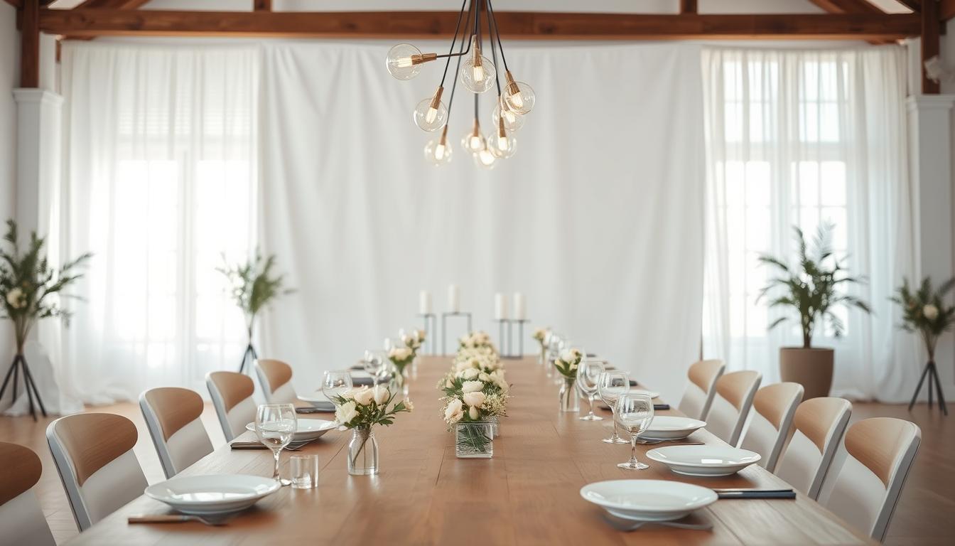 A serene, minimalist engagement party setting. A clean, white-washed backdrop with soft natural lighting streams in through large windows. In the foreground, a long wooden table is set with elegant, understated place settings - simple white plates, clean-lined glassware, and delicate floral arrangements in muted tones. Hanging overhead, a cluster of minimalist pendant lights casts a warm glow. The middle ground features a few modern, geometric-inspired decor pieces, like a sleek vase or candle holders. The overall atmosphere is one of refined sophistication and effortless style.