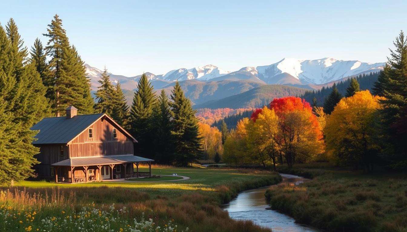 A serene mountain landscape in the Catskill region of New York, with a picturesque rustic wedding venue nestled among towering evergreens. In the foreground, a wooden barn with weathered siding and a charming wraparound porch, surrounded by wildflower meadows. In the middle ground, a winding creek reflects the warm glow of the afternoon sun, its banks lined with mature oak and maple trees in full autumnal splendor. The background features majestic, snow-capped peaks rising against a clear, azure sky, evoking a sense of timeless, rustic elegance. The scene is captured with a medium-wide lens, creating a balanced, harmonious composition that celebrates the natural beauty of upstate New York.