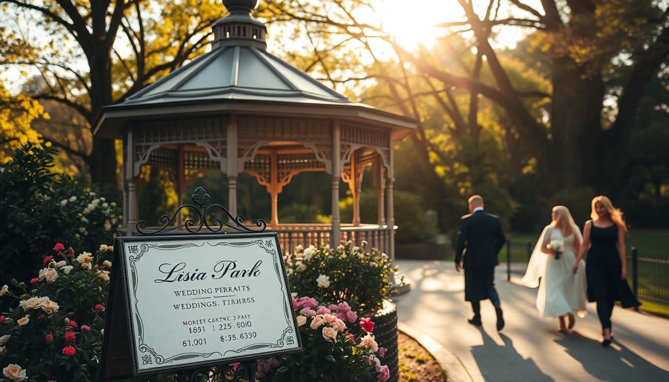 A serene outdoor scene of a picturesque wedding gazebo in Central Park, New York. The ornate structure is surrounded by lush greenery and blooming flowers, bathed in warm, golden sunlight filtering through the trees. In the foreground, a signage displays the wedding permit rates, its elegant calligraphy capturing the refined ambiance. Couples stroll nearby, admiring the tranquil setting as they consider their options for an unforgettable ceremony. The overall atmosphere conveys the beauty, romance, and cost-conscious planning involved in securing a coveted location for a Central Park wedding. A serene outdoor scene of a picturesque wedding gazebo in Central Park, New York. The ornate structure is surrounded by lush greenery and blooming flowers, bathed in warm, golden sunlight filtering through the trees. In the foreground, a signage displays the wedding permit rates, its elegant calligraphy capturing the refined ambiance. Couples stroll nearby, admiring the tranquil setting as they consider their options for an unforgettable ceremony. The overall atmosphere conveys the beauty, romance, and cost-conscious planning involved in securing a coveted location for a Central Park wedding.