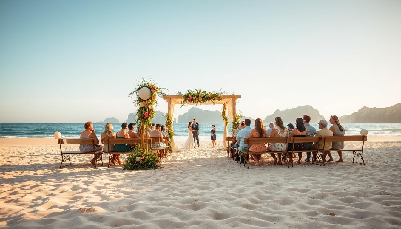 A serene, sun-drenched beach with soft, golden sand and gently lapping waves. In the foreground, a beautifully decorated arch adorned with lush, tropical florals and greenery, casting a warm, inviting glow. Behind it, a middle ground of barefoot guests seated on wooden benches, their attire effortlessly chic in neutral, bohemian tones. In the distance, a stunning backdrop of rugged cliffs and a clear, azure sky, creating a picturesque, dream-like setting for a magical beach wedding. A serene, sun-drenched beach with soft, golden sand and gently lapping waves. In the foreground, a beautifully decorated arch adorned with lush, tropical florals and greenery, casting a warm, inviting glow. Behind it, a middle ground of barefoot guests seated on wooden benches, their attire effortlessly chic in neutral, bohemian tones. In the distance, a stunning backdrop of rugged cliffs and a clear, azure sky, creating a picturesque, dream-like setting for a magical beach wedding.