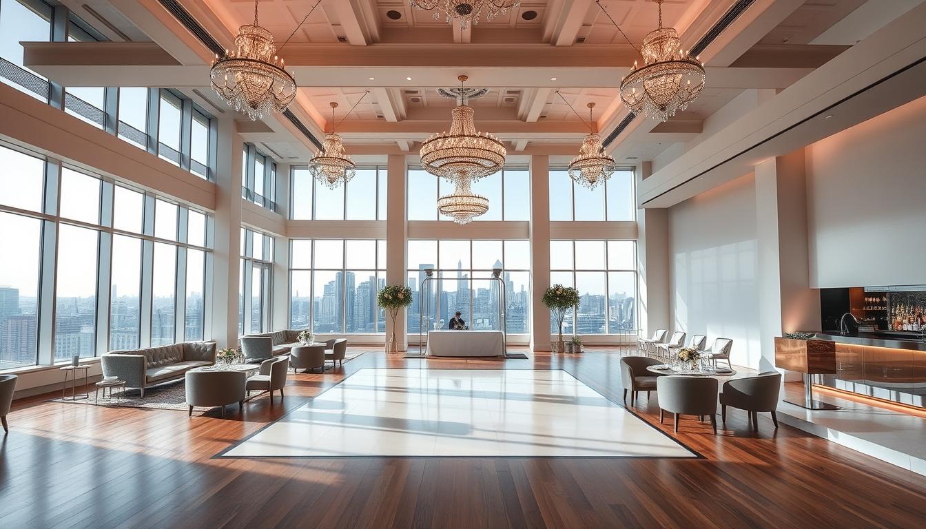 A sleek and modern wedding venue in Manhattan, featuring floor-to-ceiling windows overlooking the iconic city skyline. Pristine white walls and gleaming hardwood floors create a sophisticated backdrop, accentuated by elegant chandeliers and minimalist decor. A large central dance floor is surrounded by chic lounge seating areas, while a polished bar stands ready to serve bespoke cocktails. Warm, directional lighting casts a soft, romantic glow, complementing the stylish, contemporary ambiance. Couples and their guests mingle amidst this serene, urban oasis, capturing the essence of a truly exclusive Manhattan wedding experience. A sleek and modern wedding venue in Manhattan, featuring floor-to-ceiling windows overlooking the iconic city skyline. Pristine white walls and gleaming hardwood floors create a sophisticated backdrop, accentuated by elegant chandeliers and minimalist decor. A large central dance floor is surrounded by chic lounge seating areas, while a polished bar stands ready to serve bespoke cocktails. Warm, directional lighting casts a soft, romantic glow, complementing the stylish, contemporary ambiance. Couples and their guests mingle amidst this serene, urban oasis, capturing the essence of a truly exclusive Manhattan wedding experience.