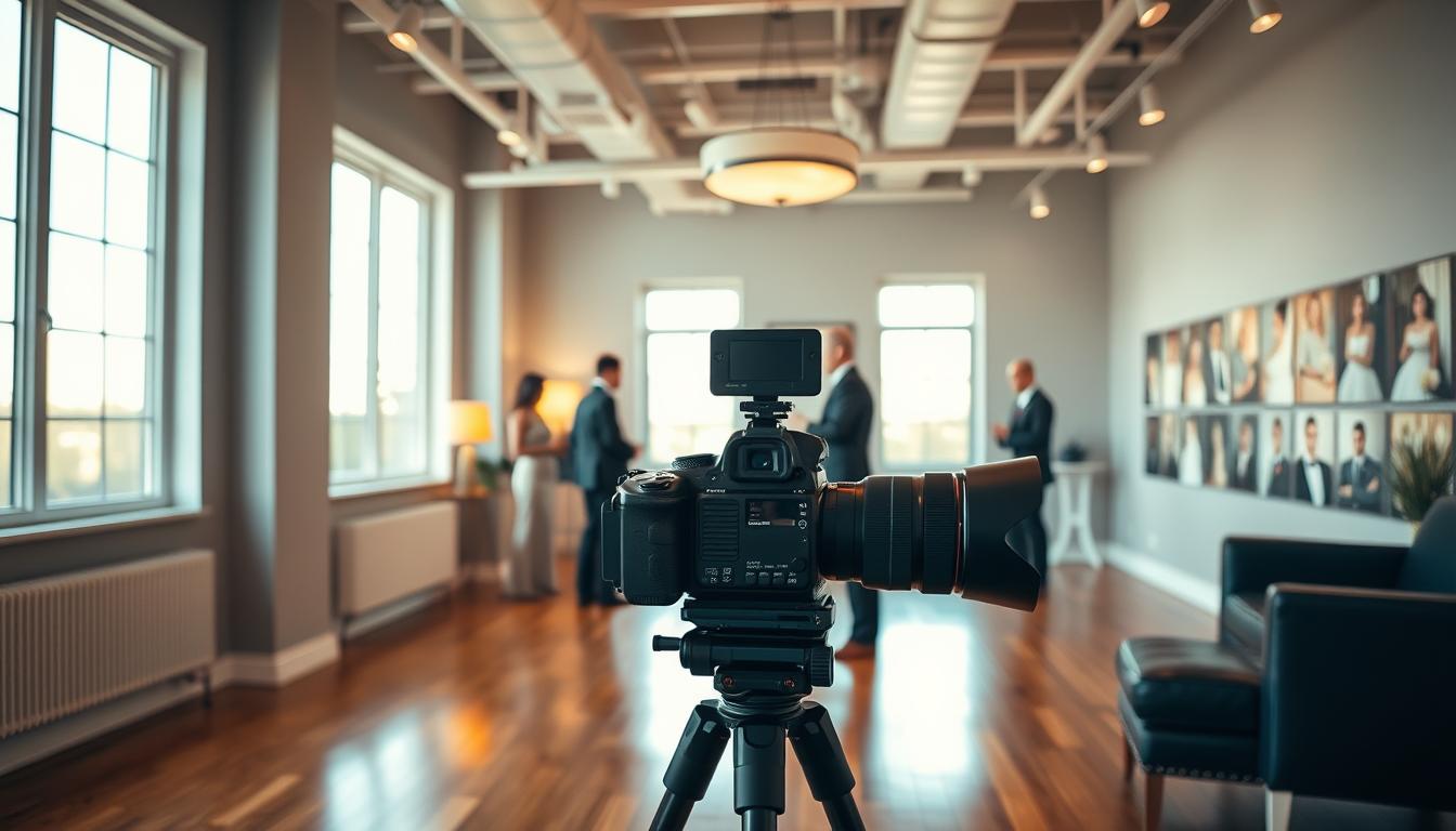 A sophisticated, modern wedding photography studio with large windows, polished hardwood floors, and minimal, elegant decor. Soft, warm lighting from a mix of overhead fixtures and natural sunlight filters through the space, creating a serene, inviting atmosphere. In the foreground, a large camera with a high-quality lens sits on a tripod, ready to capture every special moment. Behind it, a team of skilled photographers in smart, professional attire converse and prepare their equipment. In the background, a display wall showcases a collection of breathtaking wedding portraits, hinting at the studio's exceptional talent and artistic vision. A sophisticated, modern wedding photography studio with large windows, polished hardwood floors, and minimal, elegant decor. Soft, warm lighting from a mix of overhead fixtures and natural sunlight filters through the space, creating a serene, inviting atmosphere. In the foreground, a large camera with a high-quality lens sits on a tripod, ready to capture every special moment. Behind it, a team of skilled photographers in smart, professional attire converse and prepare their equipment. In the background, a display wall showcases a collection of breathtaking wedding portraits, hinting at the studio's exceptional talent and artistic vision.