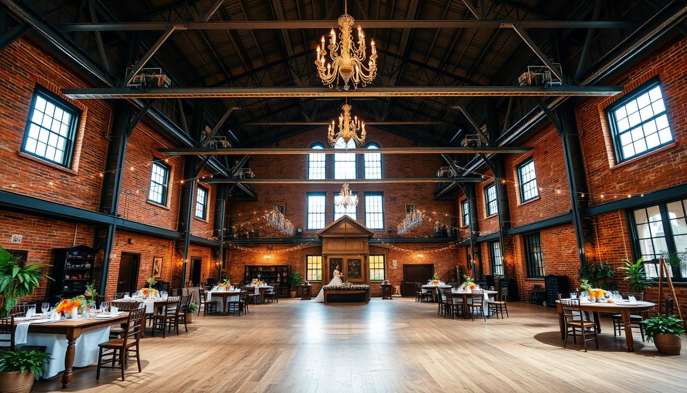 A sprawling industrial-style wedding venue, housed in a converted 19th-century factory. Exposed brick walls, steel beams, and soaring ceilings create a dramatic, yet elegant ambiance. Soft lighting from chandeliers and string lights casts a warm glow, while large windows allow natural light to stream in. The spacious dance floor is flanked by rustic wooden tables and vintage-inspired decor, setting the stage for a memorable celebration. Lush greenery and potted plants add a touch of nature, blending the industrial and organic elements seamlessly. The venue exudes an air of timeless sophistication, perfect for the couple seeking a unique and captivating setting for their wedding day. A sprawling industrial-style wedding venue, housed in a converted 19th-century factory. Exposed brick walls, steel beams, and soaring ceilings create a dramatic, yet elegant ambiance. Soft lighting from chandeliers and string lights casts a warm glow, while large windows allow natural light to stream in. The spacious dance floor is flanked by rustic wooden tables and vintage-inspired decor, setting the stage for a memorable celebration. Lush greenery and potted plants add a touch of nature, blending the industrial and organic elements seamlessly. The venue exudes an air of timeless sophistication, perfect for the couple seeking a unique and captivating setting for their wedding day.