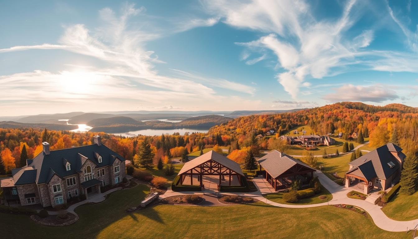 A sprawling panoramic view of picturesque all-inclusive wedding venues nestled amidst the rolling hills and lush forests of Upstate New York. In the foreground, a grand manor house with elegant stone facades and impeccably manicured gardens. In the middle ground, a lakeside pavilion with rustic wood beams and sweeping vistas. In the background, a series of charming boutique hotels and inns surrounded by the stunning natural beauty of the Adirondacks. Warm, golden sunlight filters through wispy clouds, creating a serene and romantic atmosphere. The scene is captured with a wide-angle lens to showcase the scope and grandeur of these premier Upstate New York wedding destinations. A sprawling panoramic view of picturesque all-inclusive wedding venues nestled amidst the rolling hills and lush forests of Upstate New York. In the foreground, a grand manor house with elegant stone facades and impeccably manicured gardens. In the middle ground, a lakeside pavilion with rustic wood beams and sweeping vistas. In the background, a series of charming boutique hotels and inns surrounded by the stunning natural beauty of the Adirondacks. Warm, golden sunlight filters through wispy clouds, creating a serene and romantic atmosphere. The scene is captured with a wide-angle lens to showcase the scope and grandeur of these premier Upstate New York wedding destinations.