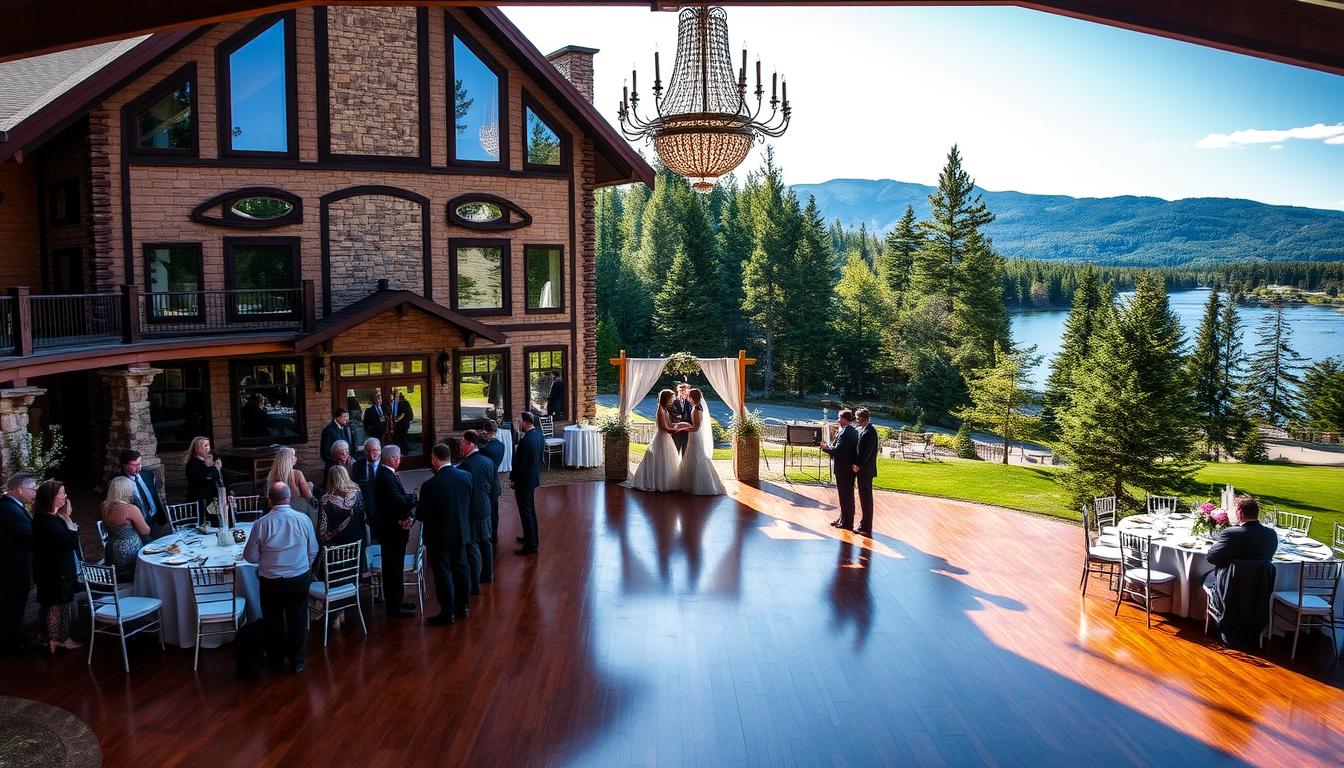 A stunning all-inclusive wedding venue nestled in the picturesque Adirondack mountains of Upstate New York. The grand stone and timber facade stands in front of a serene lake, surrounded by lush evergreen forests. Sunlight filters through the tall windows, illuminating the elegantly decorated ballroom where guests mingle. Chandeliers cast a warm glow, reflecting off the polished hardwood floors. In the distance, a sprawling lawn leads to a private dock overlooking the tranquil waters. Couples can exchange vows in an outdoor ceremony, followed by a lavish reception with gourmet catering and a full bar. This all-inclusive venue offers a truly unique and memorable wedding experience. A stunning all-inclusive wedding venue nestled in the picturesque Adirondack mountains of Upstate New York. The grand stone and timber facade stands in front of a serene lake, surrounded by lush evergreen forests. Sunlight filters through the tall windows, illuminating the elegantly decorated ballroom where guests mingle. Chandeliers cast a warm glow, reflecting off the polished hardwood floors. In the distance, a sprawling lawn leads to a private dock overlooking the tranquil waters. Couples can exchange vows in an outdoor ceremony, followed by a lavish reception with gourmet catering and a full bar. This all-inclusive venue offers a truly unique and memorable wedding experience.