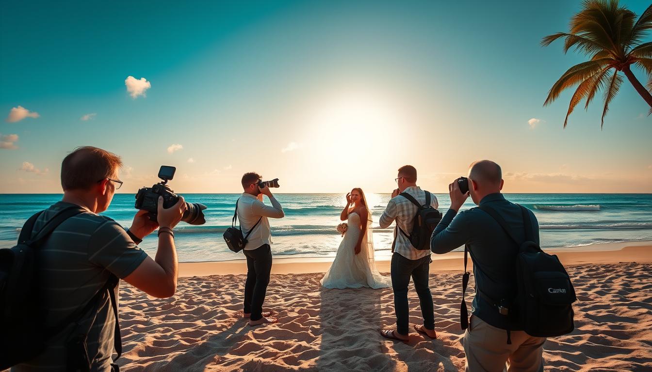A stunning beach scene with a group of professional photographers capturing the beauty of a coastal wedding. In the foreground, three photographers wielding high-end DSLR cameras are positioned at different angles, their attention focused on the couple posing elegantly in the soft, golden light. In the middle ground, a lush, palm-fringed shoreline provides a picturesque backdrop, with the gentle waves of the azure ocean lapping at the pristine white sand. The background is dominated by a vibrant, cloudless sky, creating a sense of warmth and tranquility. The overall composition conveys the expertise and artistry of these top beach wedding photographers, perfectly suited to immortalize the joy and romance of a coastal celebration. A stunning beach scene with a group of professional photographers capturing the beauty of a coastal wedding. In the foreground, three photographers wielding high-end DSLR cameras are positioned at different angles, their attention focused on the couple posing elegantly in the soft, golden light. In the middle ground, a lush, palm-fringed shoreline provides a picturesque backdrop, with the gentle waves of the azure ocean lapping at the pristine white sand. The background is dominated by a vibrant, cloudless sky, creating a sense of warmth and tranquility. The overall composition conveys the expertise and artistry of these top beach wedding photographers, perfectly suited to immortalize the joy and romance of a coastal celebration.