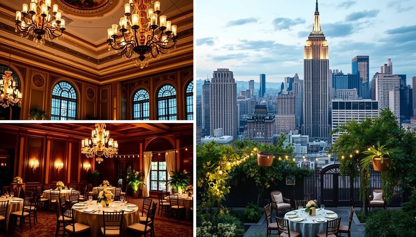 A stunning image of wedding venues in New York City, highlighting the unique BYOB (Bring Your Own Bottle) policy. The foreground features a grand, historic ballroom with ornate chandeliers and meticulously decorated tables, hinting at the elegant atmosphere. The middle ground showcases a charming, rustic-chic outdoor garden venue, with string lights and a cozy, relaxed vibe. The background panorama captures the iconic skyline of Manhattan, with the Empire State Building and other skyscrapers providing a dramatic backdrop. The lighting is soft and romantic, accentuating the warm, inviting ambiance. The overall composition conveys the perfect blend of glamour and flexibility that these BYOB wedding venues in New York offer. A stunning image of wedding venues in New York City, highlighting the unique BYOB (Bring Your Own Bottle) policy. The foreground features a grand, historic ballroom with ornate chandeliers and meticulously decorated tables, hinting at the elegant atmosphere. The middle ground showcases a charming, rustic-chic outdoor garden venue, with string lights and a cozy, relaxed vibe. The background panorama captures the iconic skyline of Manhattan, with the Empire State Building and other skyscrapers providing a dramatic backdrop. The lighting is soft and romantic, accentuating the warm, inviting ambiance. The overall composition conveys the perfect blend of glamour and flexibility that these BYOB wedding venues in New York offer.