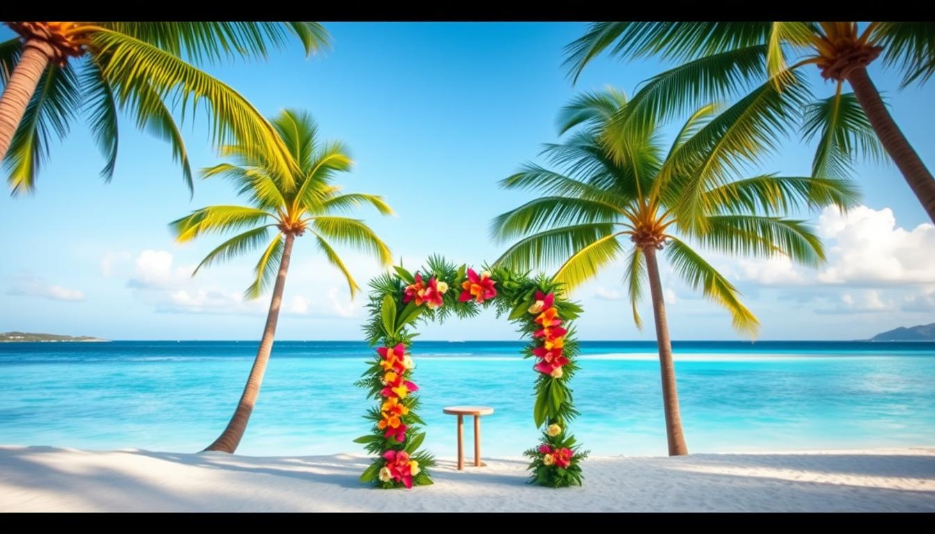 A stunning tropical beach wedding venue, with swaying palm trees lining a pristine white sand beach. The clear azure sky is reflected in the calm, turquoise waters of the lagoon. In the foreground, a beautifully decorated arch made of lush greenery and vibrant tropical flowers stands as the focal point, inviting the couple to exchange their vows surrounded by the natural beauty of the setting. Soft, diffused lighting filters through the palms, creating a warm, romantic atmosphere. The whole scene is captured with a wide-angle lens, highlighting the expansive, picturesque backdrop that will make any tropical beach wedding truly unforgettable. A stunning tropical beach wedding venue, with swaying palm trees lining a pristine white sand beach. The clear azure sky is reflected in the calm, turquoise waters of the lagoon. In the foreground, a beautifully decorated arch made of lush greenery and vibrant tropical flowers stands as the focal point, inviting the couple to exchange their vows surrounded by the natural beauty of the setting. Soft, diffused lighting filters through the palms, creating a warm, romantic atmosphere. The whole scene is captured with a wide-angle lens, highlighting the expansive, picturesque backdrop that will make any tropical beach wedding truly unforgettable.