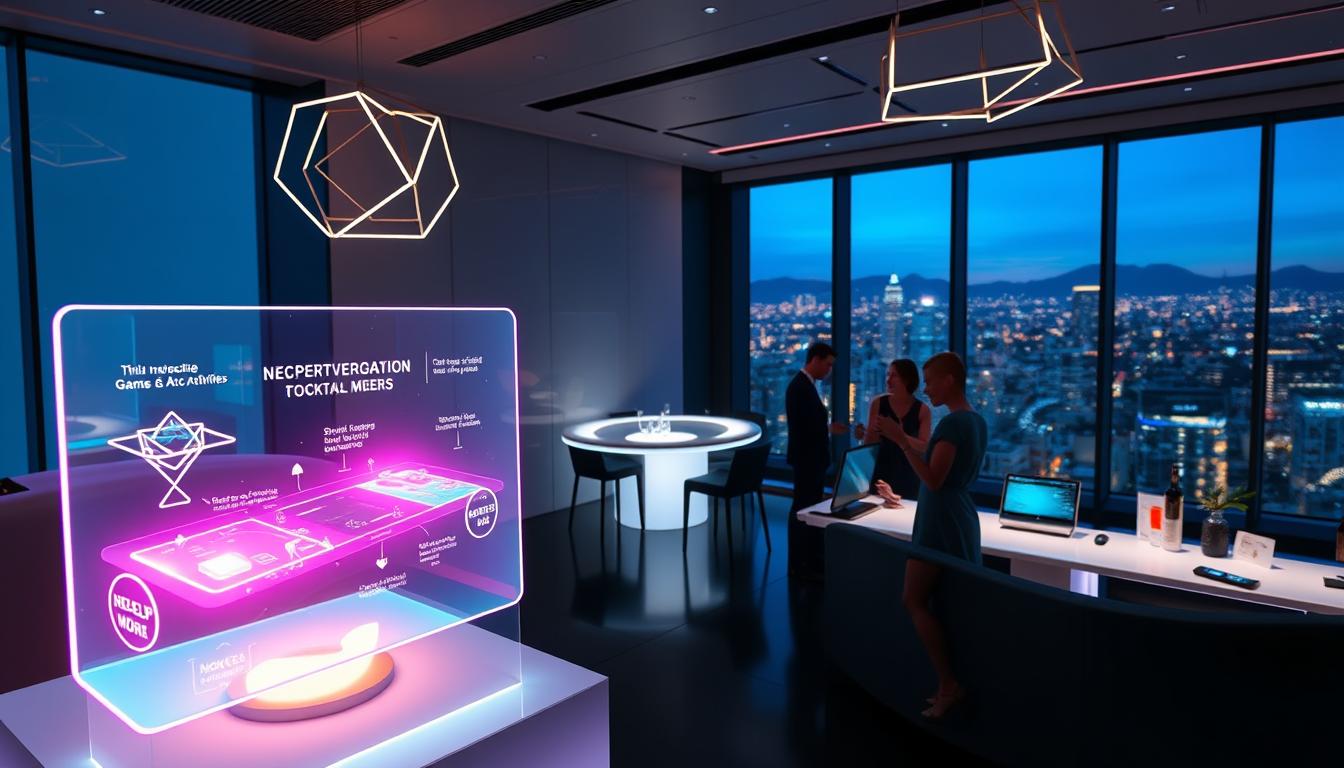 A stylish, modern digital engagement party scene with a sleek, minimalist aesthetic. In the foreground, a floating holographic display showcases interactive games and activities for guests, bathed in a warm, vibrant glow. The middle ground features a minimalist, chrome-accented bar area with smart devices and digital cocktail menus. The background is a sleek, high-tech venue with geometric lighting fixtures and a panoramic city skyline visible through floor-to-ceiling windows, creating a sophisticated, futuristic ambiance. A stylish, modern digital engagement party scene with a sleek, minimalist aesthetic. In the foreground, a floating holographic display showcases interactive games and activities for guests, bathed in a warm, vibrant glow. The middle ground features a minimalist, chrome-accented bar area with smart devices and digital cocktail menus. The background is a sleek, high-tech venue with geometric lighting fixtures and a panoramic city skyline visible through floor-to-ceiling windows, creating a sophisticated, futuristic ambiance.