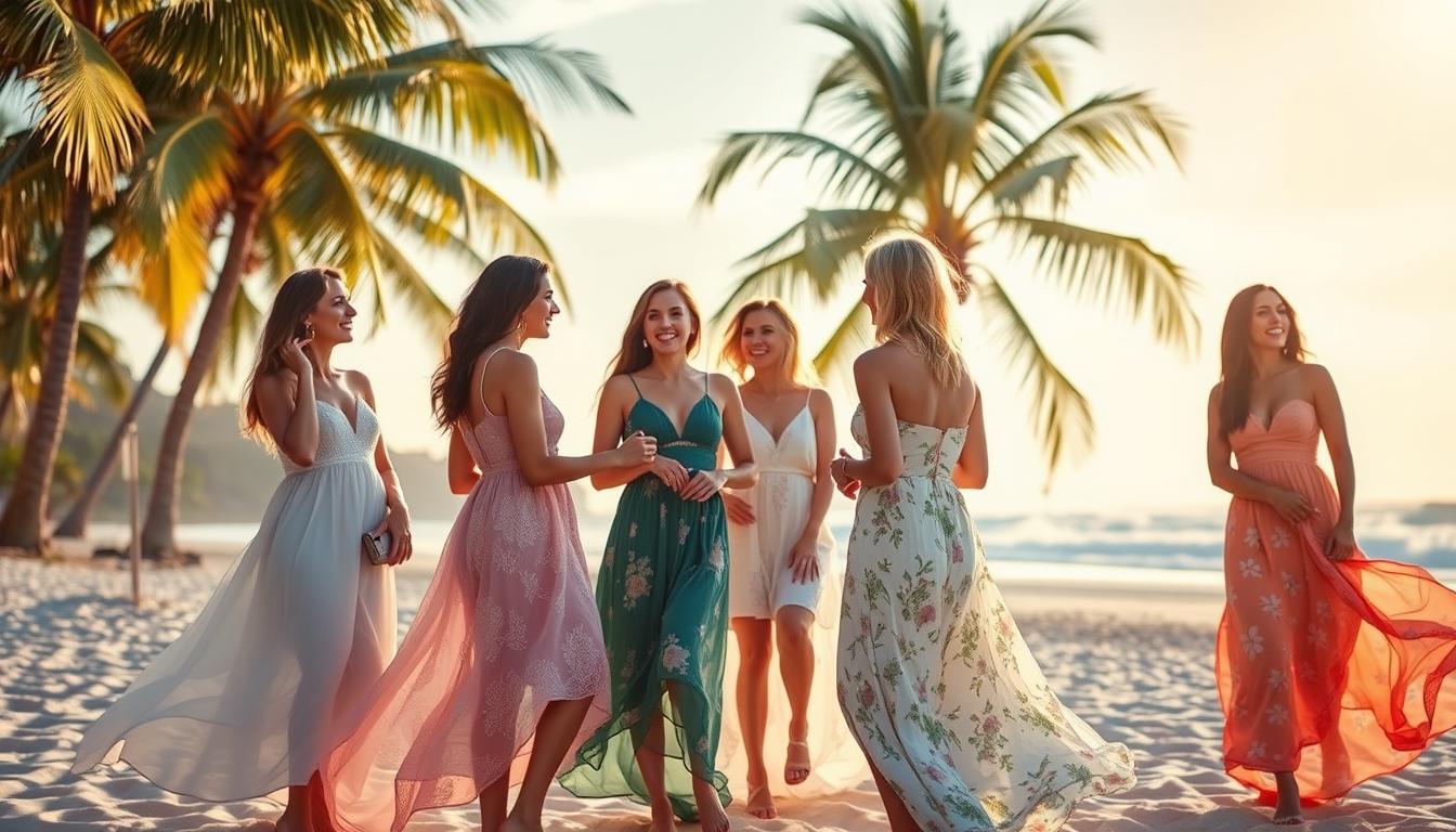 A sun-dappled beach with swaying palm trees in the background. In the foreground, a group of elegant women in flowing, colorful dresses, gathered for a coastal wedding celebration. The dresses feature delicate lace, floral patterns, and breezy silhouettes that accentuate the beachy atmosphere. Soft, diffused lighting casts a warm, romantic glow, creating a serene and inviting ambiance. The women stand in a relaxed, natural pose, engaging in lively conversation and enjoying the picturesque setting. The scene captures the top trends for chic and stylish beach wedding guest attire. A sun-dappled beach with swaying palm trees in the background. In the foreground, a group of elegant women in flowing, colorful dresses, gathered for a coastal wedding celebration. The dresses feature delicate lace, floral patterns, and breezy silhouettes that accentuate the beachy atmosphere. Soft, diffused lighting casts a warm, romantic glow, creating a serene and inviting ambiance. The women stand in a relaxed, natural pose, engaging in lively conversation and enjoying the picturesque setting. The scene captures the top trends for chic and stylish beach wedding guest attire.
