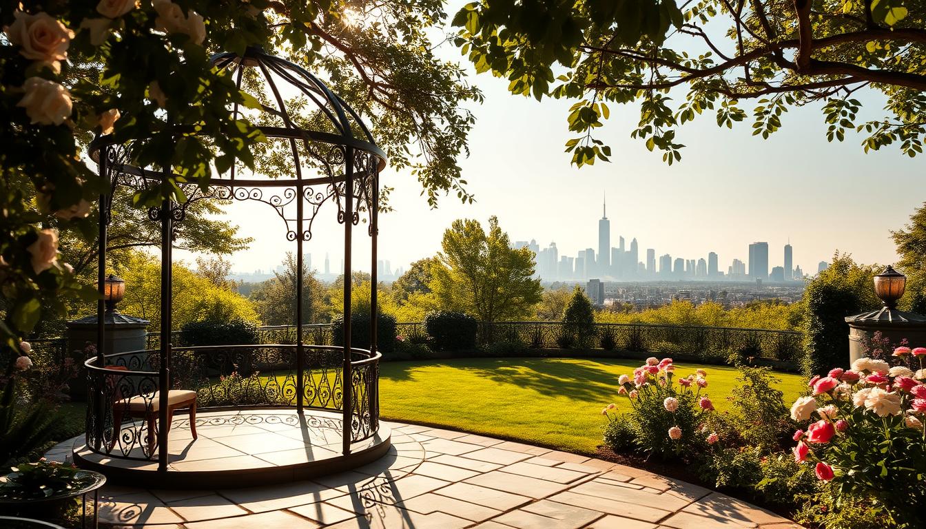 A sun-dappled outdoor oasis, a BYOB wedding venue in NYC, featuring an elegant stone patio surrounded by lush greenery and blooming flowers. In the foreground, a wrought-iron gazebo stands, its delicate arches casting soft shadows. The middle ground showcases a meticulously manicured lawn, perfect for cocktails and mingling. In the background, the city skyline peeks through, a testament to the venue's urban charm. The lighting is warm and ambient, creating a romantic, intimate atmosphere. Shot with a wide-angle lens to capture the full scope of the stunning outdoor space, this image embodies the unique appeal of BYOB wedding venues in New York City. A sun-dappled outdoor oasis, a BYOB wedding venue in NYC, featuring an elegant stone patio surrounded by lush greenery and blooming flowers. In the foreground, a wrought-iron gazebo stands, its delicate arches casting soft shadows. The middle ground showcases a meticulously manicured lawn, perfect for cocktails and mingling. In the background, the city skyline peeks through, a testament to the venue's urban charm. The lighting is warm and ambient, creating a romantic, intimate atmosphere. Shot with a wide-angle lens to capture the full scope of the stunning outdoor space, this image embodies the unique appeal of BYOB wedding venues in New York City.