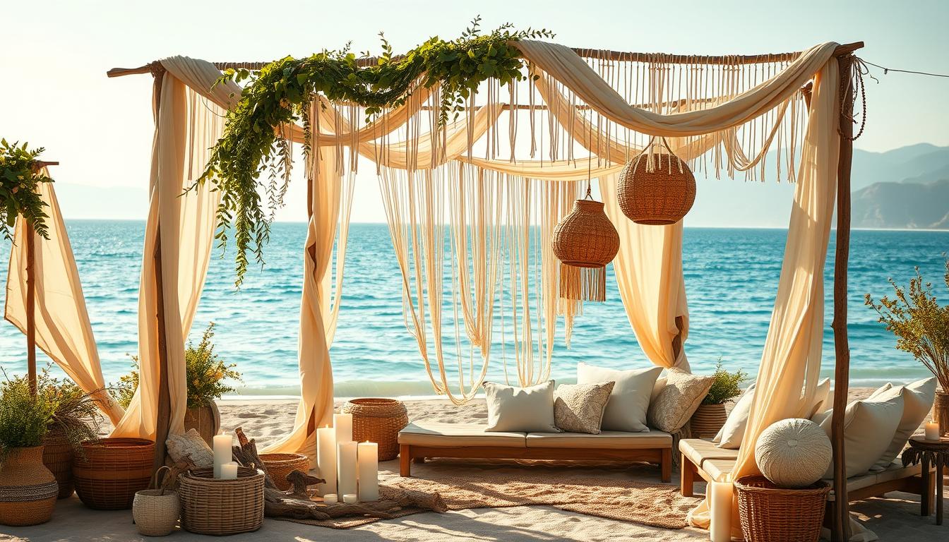 A sun-drenched beach scene, adorned with boho-chic decor. In the foreground, a lush macrame arch draped with flowing fabrics and cascading greenery. Scattered around it, woven baskets, driftwood, and candles flickering gently. In the middle ground, rustic wooden benches and mismatched pillows invite guests to lounge. The background features a tranquil azure ocean, with hazy mountains on the horizon, bathed in warm golden light. The overall mood is one of relaxed, effortless elegance - a dreamy, bohemian oasis. A sun-drenched beach scene, adorned with boho-chic decor. In the foreground, a lush macrame arch draped with flowing fabrics and cascading greenery. Scattered around it, woven baskets, driftwood, and candles flickering gently. In the middle ground, rustic wooden benches and mismatched pillows invite guests to lounge. The background features a tranquil azure ocean, with hazy mountains on the horizon, bathed in warm golden light. The overall mood is one of relaxed, effortless elegance - a dreamy, bohemian oasis.