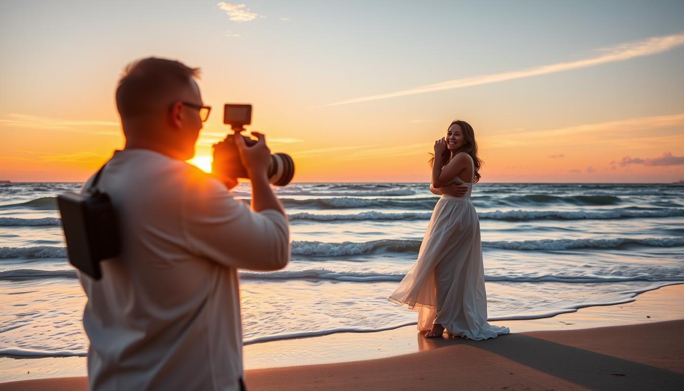 A sun-drenched beach setting, with a photographer capturing a couple's joyful embrace against the backdrop of gently lapping waves and a vibrant sunset sky. The photographer, equipped with a professional DSLR camera and a telephoto lens, stands poised, framing the couple in a candid, artful composition that highlights the natural beauty of the coastal environment. Soft, warm lighting bathes the scene, creating a romantic, ethereal atmosphere that perfectly encapsulates the magic of a beach wedding celebration. The couple, dressed in formal attire, exude a sense of genuine connection and happiness, their expressions and body language conveying the emotion of the moment. This image beautifully illustrates the unique skills and vision required to document a beach wedding, blending technical expertise with an artistic eye for capturing the essence of a coastal celebration. A sun-drenched beach setting, with a photographer capturing a couple's joyful embrace against the backdrop of gently lapping waves and a vibrant sunset sky. The photographer, equipped with a professional DSLR camera and a telephoto lens, stands poised, framing the couple in a candid, artful composition that highlights the natural beauty of the coastal environment. Soft, warm lighting bathes the scene, creating a romantic, ethereal atmosphere that perfectly encapsulates the magic of a beach wedding celebration. The couple, dressed in formal attire, exude a sense of genuine connection and happiness, their expressions and body language conveying the emotion of the moment. This image beautifully illustrates the unique skills and vision required to document a beach wedding, blending technical expertise with an artistic eye for capturing the essence of a coastal celebration.