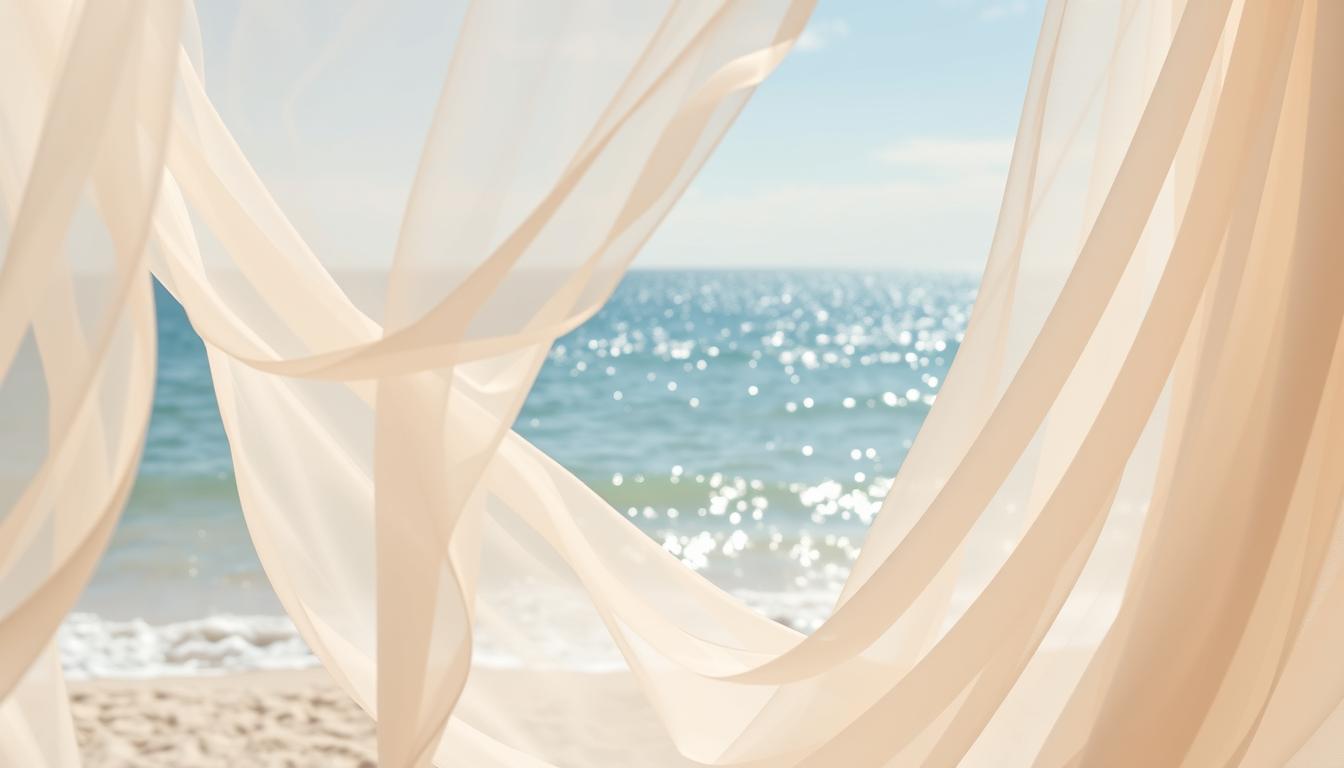 A sun-drenched beach, the waves gently lapping at the shore. In the foreground, a collection of delicate, flowing fabrics in soft, natural hues - ivory, ecru, and shimmering satin. Wispy chiffon cascades elegantly, its gossamer texture caressed by the ocean breeze. Smooth, lustrous charmeuse shimmers, its fluid drape hinting at the graceful silhouettes of beach-inspired wedding gowns. In the middle ground, sheer, airy organza dances, its ethereal quality embodying the essence of a seaside celebration. The background is a panoramic vista of azure skies and the vast, sparkling expanse of the ocean, creating a serene, dreamy atmosphere. Warm, natural lighting filters through, casting a soft, romantic glow over the scene. A sun-drenched beach, the waves gently lapping at the shore. In the foreground, a collection of delicate, flowing fabrics in soft, natural hues - ivory, ecru, and shimmering satin. Wispy chiffon cascades elegantly, its gossamer texture caressed by the ocean breeze. Smooth, lustrous charmeuse shimmers, its fluid drape hinting at the graceful silhouettes of beach-inspired wedding gowns. In the middle ground, sheer, airy organza dances, its ethereal quality embodying the essence of a seaside celebration. The background is a panoramic vista of azure skies and the vast, sparkling expanse of the ocean, creating a serene, dreamy atmosphere. Warm, natural lighting filters through, casting a soft, romantic glow over the scene.