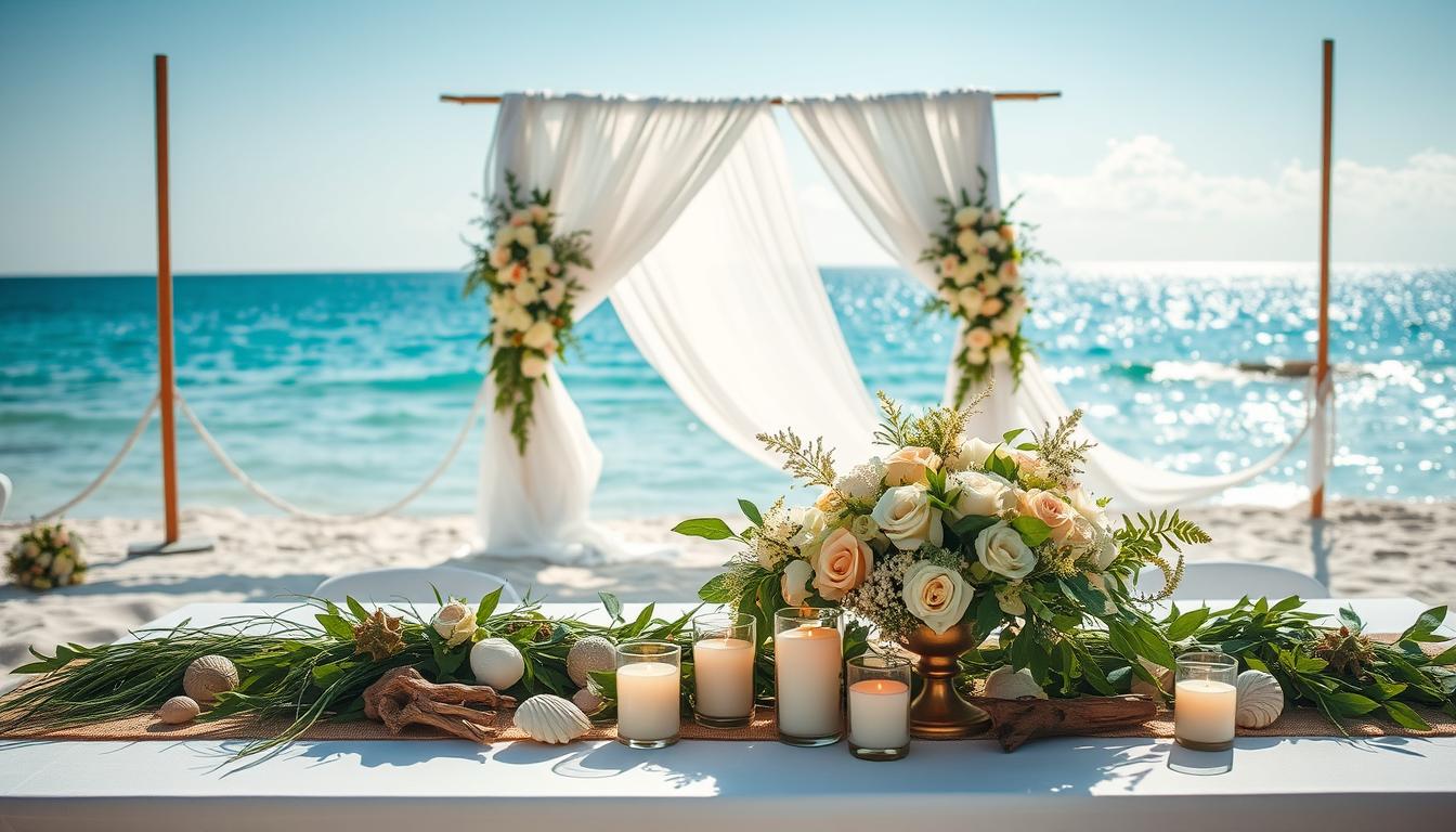 A sun-drenched beachside wedding scene, with an elegant tablescape adorned with lush greenery, seashells, and soft, pastel-colored floral arrangements. The foreground features delicate seagrass runners, driftwood accents, and a cluster of votive candles casting a warm, romantic glow. The middle ground showcases a backdrop of billowing white fabric panels, gently swaying in the coastal breeze, creating a serene, ethereal atmosphere. In the distance, the shimmering azure ocean and a cloudless sky set the idyllic, picturesque scene for this enchanting beach wedding celebration. A sun-drenched beachside wedding scene, with an elegant tablescape adorned with lush greenery, seashells, and soft, pastel-colored floral arrangements. The foreground features delicate seagrass runners, driftwood accents, and a cluster of votive candles casting a warm, romantic glow. The middle ground showcases a backdrop of billowing white fabric panels, gently swaying in the coastal breeze, creating a serene, ethereal atmosphere. In the distance, the shimmering azure ocean and a cloudless sky set the idyllic, picturesque scene for this enchanting beach wedding celebration.
