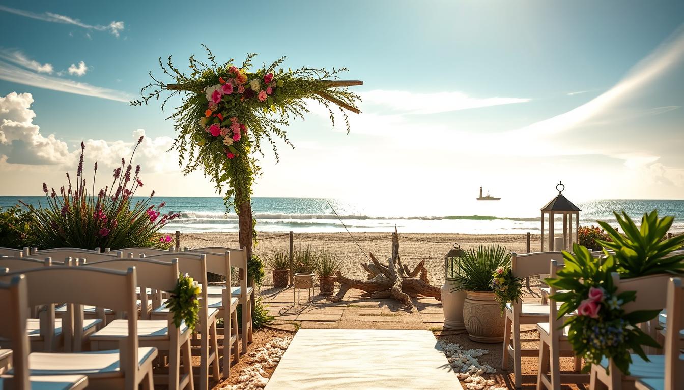 A sun-drenched oceanfront wedding scene on Long Island, New York. In the foreground, a rustic wooden arch adorned with cascading greenery and vibrant wildflowers frames the ceremony area. Elegant white chairs line the aisle, leading towards the glistening waters of the Atlantic in the distance. Soft, natural lighting filters through wispy clouds, casting a warm, romantic glow over the setup. In the middle ground, driftwood and seashell accents add a touch of coastal elegance, while lush potted plants and candle-lit lanterns create a cozy, intimate ambiance. The background features a panoramic view of the pristine sandy beach and crashing waves, with a picturesque lighthouse silhouetted against the horizon. A sun-drenched oceanfront wedding scene on Long Island, New York. In the foreground, a rustic wooden arch adorned with cascading greenery and vibrant wildflowers frames the ceremony area. Elegant white chairs line the aisle, leading towards the glistening waters of the Atlantic in the distance. Soft, natural lighting filters through wispy clouds, casting a warm, romantic glow over the setup. In the middle ground, driftwood and seashell accents add a touch of coastal elegance, while lush potted plants and candle-lit lanterns create a cozy, intimate ambiance. The background features a panoramic view of the pristine sandy beach and crashing waves, with a picturesque lighthouse silhouetted against the horizon.