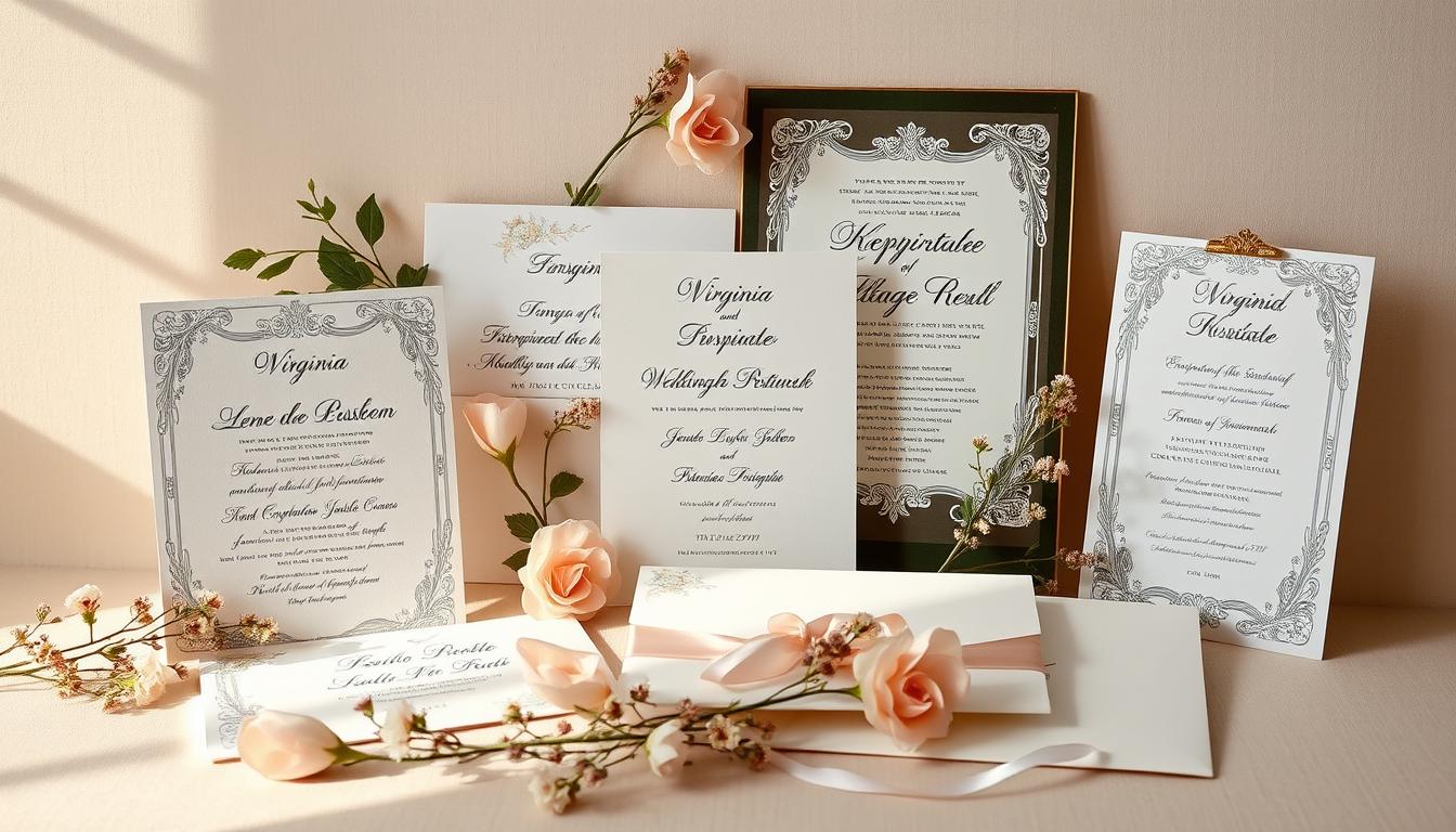A tasteful arrangement of exquisite wedding invitations, meticulously crafted with elegant calligraphy, luxurious materials, and delicate floral accents. The invitations are displayed against a soft, muted background, capturing the essence of Virginia's timeless charm. Warm, natural lighting casts a subtle glow, highlighting the intricate details and the refined, sophisticated aesthetic. The composition subtly conveys the pricing considerations and investment associated with curating a memorable wedding experience in the Commonwealth. A tasteful arrangement of exquisite wedding invitations, meticulously crafted with elegant calligraphy, luxurious materials, and delicate floral accents. The invitations are displayed against a soft, muted background, capturing the essence of Virginia's timeless charm. Warm, natural lighting casts a subtle glow, highlighting the intricate details and the refined, sophisticated aesthetic. The composition subtly conveys the pricing considerations and investment associated with curating a memorable wedding experience in the Commonwealth.