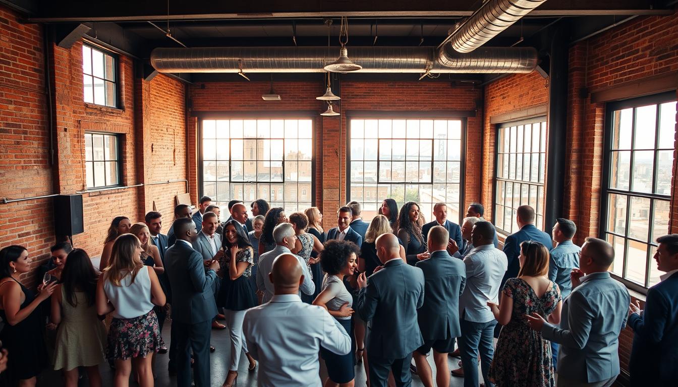 A unique and vibrant wedding venue in Harlem, New York City. The foreground features an industrial-chic loft space with exposed brick walls, high ceilings, and large windows that flood the interior with warm, natural light. In the middle ground, a group of stylishly dressed guests mingles and celebrates, their laughter and joy palpable. The background showcases the iconic Harlem skyline, with the distinctive architecture of historic brownstones and the distant silhouette of the George Washington Bridge. The overall mood is one of urban sophistication, cultural richness, and a celebration of the unconventional. Captured with a wide-angle lens to emphasize the scale and grandeur of the venue. A unique and vibrant wedding venue in Harlem, New York City. The foreground features an industrial-chic loft space with exposed brick walls, high ceilings, and large windows that flood the interior with warm, natural light. In the middle ground, a group of stylishly dressed guests mingles and celebrates, their laughter and joy palpable. The background showcases the iconic Harlem skyline, with the distinctive architecture of historic brownstones and the distant silhouette of the George Washington Bridge. The overall mood is one of urban sophistication, cultural richness, and a celebration of the unconventional. Captured with a wide-angle lens to emphasize the scale and grandeur of the venue.