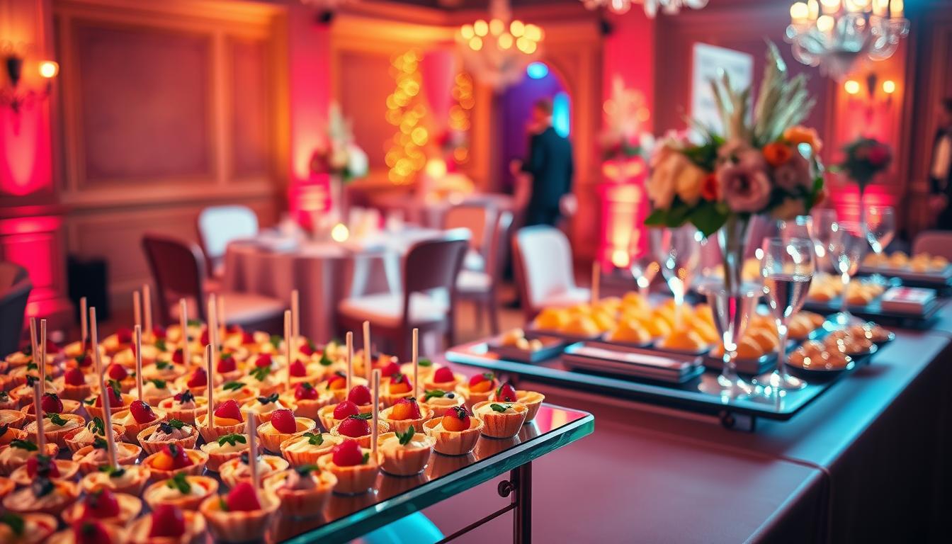 A vibrant and elegantly styled engagement party catering setup, captured in a warm, soft-focus ambiance. In the foreground, an artfully arranged display of delectable hors d'oeuvres and bite-sized delicacies, their colors and textures tantalizing the senses. In the middle ground, beautifully decorated tables adorned with floral centerpieces and shimmering glassware, creating an inviting and celebratory atmosphere. The background features a warm, golden-hued lighting, casting a gentle glow over the scene and evoking a sense of intimacy and refinement. The overall composition conveys a harmonious blend of sophistication, attention to detail, and the joy of an engagement party celebration. A vibrant and elegantly styled engagement party catering setup, captured in a warm, soft-focus ambiance. In the foreground, an artfully arranged display of delectable hors d'oeuvres and bite-sized delicacies, their colors and textures tantalizing the senses. In the middle ground, beautifully decorated tables adorned with floral centerpieces and shimmering glassware, creating an inviting and celebratory atmosphere. The background features a warm, golden-hued lighting, casting a gentle glow over the scene and evoking a sense of intimacy and refinement. The overall composition conveys a harmonious blend of sophistication, attention to detail, and the joy of an engagement party celebration.