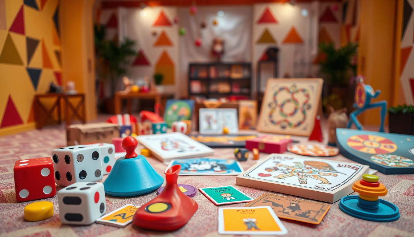 A vibrant, interactive party game display showcasing a variety of unique and engaging activities. In the foreground, several playful, tactile game pieces such as oversized dice, spinning tops, and brightly colored cards are arranged in an inviting composition. The middle ground features a selection of quirky, handmade game boards and puzzles with intricate, whimsical designs. In the background, a warm, softly lit environment with playful, geometric patterns on the walls and floor sets a lively, welcoming atmosphere. Soft, diffused lighting creates a cozy, intimate mood, drawing the viewer's attention to the creative, one-of-a-kind party game ideas on display. A vibrant, interactive party game display showcasing a variety of unique and engaging activities. In the foreground, several playful, tactile game pieces such as oversized dice, spinning tops, and brightly colored cards are arranged in an inviting composition. The middle ground features a selection of quirky, handmade game boards and puzzles with intricate, whimsical designs. In the background, a warm, softly lit environment with playful, geometric patterns on the walls and floor sets a lively, welcoming atmosphere. Soft, diffused lighting creates a cozy, intimate mood, drawing the viewer's attention to the creative, one-of-a-kind party game ideas on display.
