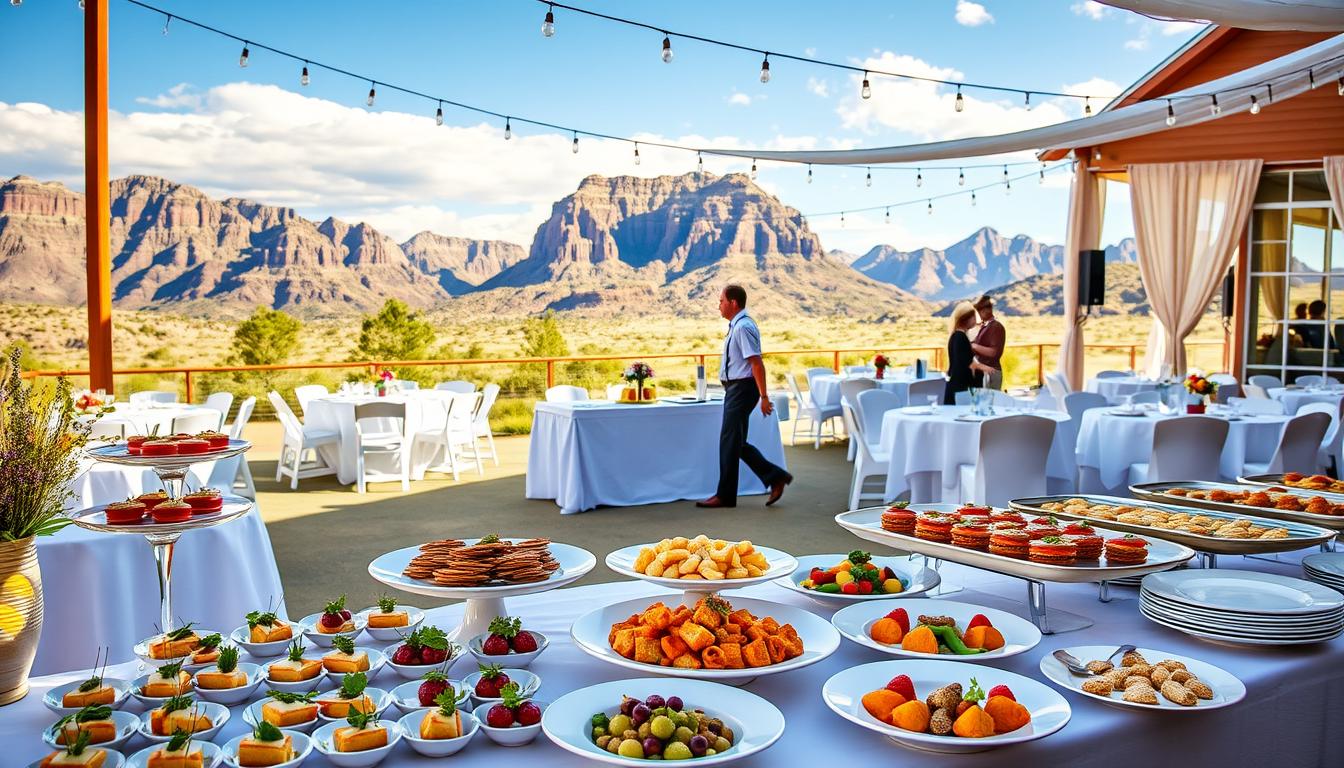 A vibrant, sun-drenched scene of a Utah wedding catering setup. In the foreground, an elegant display of gourmet hors d'oeuvres and entrees, featuring locally-sourced ingredients and mouthwatering presentations. In the middle ground, crisp white tablecloths and fine china set the stage for an intimate, sophisticated affair. Towering mountains and azure skies form the breathtaking backdrop, evoking the natural beauty of the Utah landscape. Soft, warm lighting casts a romantic glow, while a team of attentive servers moves gracefully through the scene. The overall atmosphere is one of effortless elegance, perfectly suited for a memorable Utah wedding celebration. A vibrant, sun-drenched scene of a Utah wedding catering setup. In the foreground, an elegant display of gourmet hors d'oeuvres and entrees, featuring locally-sourced ingredients and mouthwatering presentations. In the middle ground, crisp white tablecloths and fine china set the stage for an intimate, sophisticated affair. Towering mountains and azure skies form the breathtaking backdrop, evoking the natural beauty of the Utah landscape. Soft, warm lighting casts a romantic glow, while a team of attentive servers moves gracefully through the scene. The overall atmosphere is one of effortless elegance, perfectly suited for a memorable Utah wedding celebration.