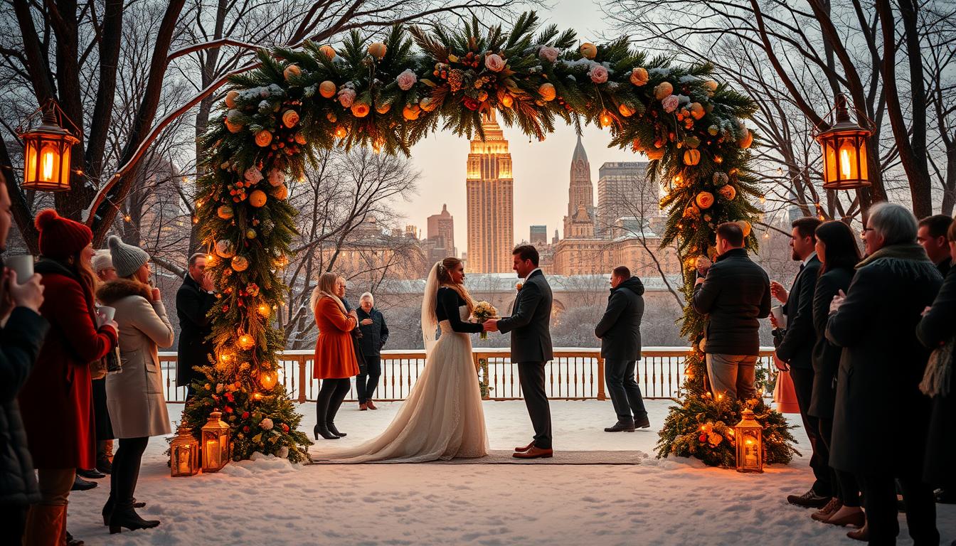 A vibrant winter wedding scene in New York City, capturing the essence of seasonal trends. In the foreground, a beautifully decorated wedding arch adorned with lush evergreens, twinkling fairy lights, and a touch of holiday-inspired floral arrangements. Couples dressed in elegant winter attire stand before the arch, exchanging vows against the backdrop of a snow-dusted Central Park. In the middle ground, guests mingle, sipping hot cocoa and admiring the icy wonderland. In the distance, the iconic skyline of New York City shimmers under a soft, golden glow, creating a magical, cinematic atmosphere. Warm, cozy lighting casts a romantic ambiance, highlighting the couple's joy and the cultural celebration of this special occasion. A vibrant winter wedding scene in New York City, capturing the essence of seasonal trends. In the foreground, a beautifully decorated wedding arch adorned with lush evergreens, twinkling fairy lights, and a touch of holiday-inspired floral arrangements. Couples dressed in elegant winter attire stand before the arch, exchanging vows against the backdrop of a snow-dusted Central Park. In the middle ground, guests mingle, sipping hot cocoa and admiring the icy wonderland. In the distance, the iconic skyline of New York City shimmers under a soft, golden glow, creating a magical, cinematic atmosphere. Warm, cozy lighting casts a romantic ambiance, highlighting the couple's joy and the cultural celebration of this special occasion.