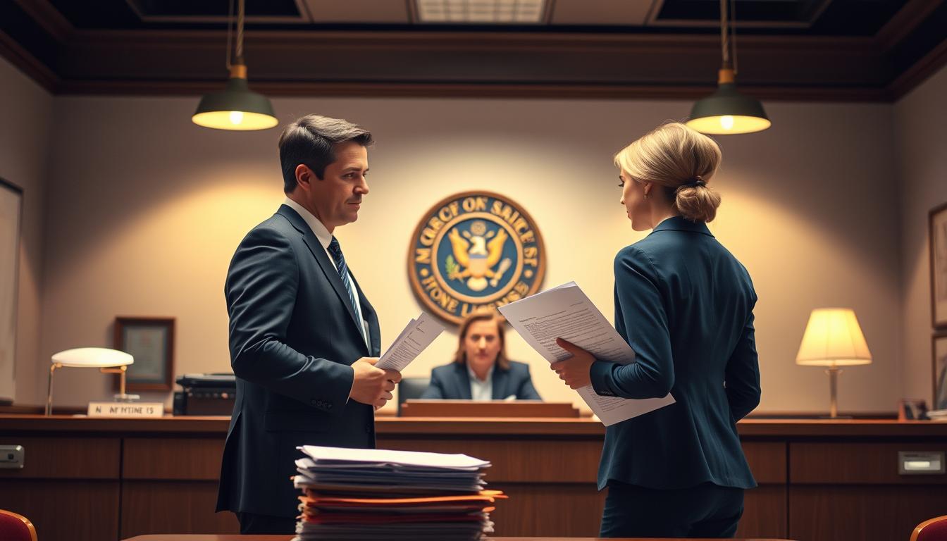 A well-lit office interior, the warm glow of desk lamps illuminating a stack of official-looking documents - a New York State marriage license application form. An authoritative-looking official in a crisp suit stands behind a counter, ready to process the paperwork. The applicants, a couple nervously clutching their documents, stand facing the counter, the 60-day waiting period looming before them. The atmosphere is one of anticipation and bureaucratic solemnity, as the couple prepares to embark on their new journey as partners before the law. A well-lit office interior, the warm glow of desk lamps illuminating a stack of official-looking documents - a New York State marriage license application form. An authoritative-looking official in a crisp suit stands behind a counter, ready to process the paperwork. The applicants, a couple nervously clutching their documents, stand facing the counter, the 60-day waiting period looming before them. The atmosphere is one of anticipation and bureaucratic solemnity, as the couple prepares to embark on their new journey as partners before the law.