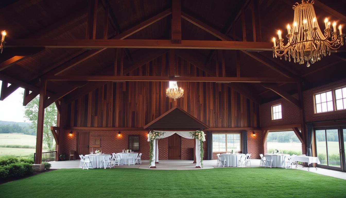 Affordable wedding venues, a tranquil countryside setting with a rustic barn, warm lighting, and a picturesque landscape in the background. The venue features a well-manicured lawn, surrounded by lush greenery and a quaint gazebo, perfect for an intimate outdoor ceremony. Wooden beams and exposed brick walls create a charming, authentic ambiance, while large windows allow natural light to flood the space. Elegant chandeliers hang from the high ceilings, casting a soft glow over the reception area. The venue's simple yet elegant decor offers a blank canvas for couples to personalize their special day, making it an ideal choice for budget-conscious couples seeking a beautiful, memorable setting. Affordable wedding venues, a tranquil countryside setting with a rustic barn, warm lighting, and a picturesque landscape in the background. The venue features a well-manicured lawn, surrounded by lush greenery and a quaint gazebo, perfect for an intimate outdoor ceremony. Wooden beams and exposed brick walls create a charming, authentic ambiance, while large windows allow natural light to flood the space. Elegant chandeliers hang from the high ceilings, casting a soft glow over the reception area. The venue's simple yet elegant decor offers a blank canvas for couples to personalize their special day, making it an ideal choice for budget-conscious couples seeking a beautiful, memorable setting.