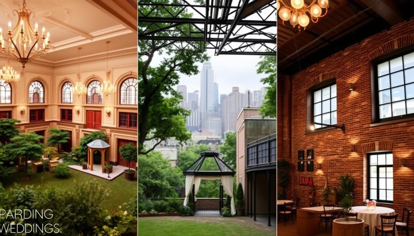 Affordable wedding venues in New York City, featuring elegant historic ballrooms, cozy loft spaces, and scenic outdoor gardens. A well-lit, high-ceilinged ballroom with ornate chandeliers and classic decor, surrounded by a verdant courtyard with a quaint gazebo. In the background, the iconic skyline of Manhattan provides a stunning backdrop. Soft, warm lighting creates a romantic, intimate atmosphere, while the middle ground showcases a modern loft venue with exposed brick walls and large windows. Crisp, high-resolution photography captures the varied, charming options for an affordable yet beautiful New York wedding. Affordable wedding venues in New York City, featuring elegant historic ballrooms, cozy loft spaces, and scenic outdoor gardens. A well-lit, high-ceilinged ballroom with ornate chandeliers and classic decor, surrounded by a verdant courtyard with a quaint gazebo. In the background, the iconic skyline of Manhattan provides a stunning backdrop. Soft, warm lighting creates a romantic, intimate atmosphere, while the middle ground showcases a modern loft venue with exposed brick walls and large windows. Crisp, high-resolution photography captures the varied, charming options for an affordable yet beautiful New York wedding.