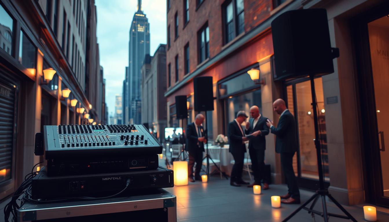 An elegant and immersive wedding sound setup in a bustling New York City alleyway. In the foreground, a professional-grade sound mixer, speakers, and microphones are carefully arranged on a sleek equipment rack. The middle ground features a team of experienced technicians meticulously checking cables and adjusting levels, ensuring a flawless audio experience. In the background, the iconic skyline of Manhattan rises, with towering skyscrapers and bright lights creating a vibrant, energetic atmosphere. Soft, warm lighting illuminates the scene, setting the stage for a memorable celebration. The overall composition conveys the importance of high-quality sound equipment and expert setup in delivering an unforgettable wedding experience in the heart of the city that never sleeps. An elegant and immersive wedding sound setup in a bustling New York City alleyway. In the foreground, a professional-grade sound mixer, speakers, and microphones are carefully arranged on a sleek equipment rack. The middle ground features a team of experienced technicians meticulously checking cables and adjusting levels, ensuring a flawless audio experience. In the background, the iconic skyline of Manhattan rises, with towering skyscrapers and bright lights creating a vibrant, energetic atmosphere. Soft, warm lighting illuminates the scene, setting the stage for a memorable celebration. The overall composition conveys the importance of high-quality sound equipment and expert setup in delivering an unforgettable wedding experience in the heart of the city that never sleeps.