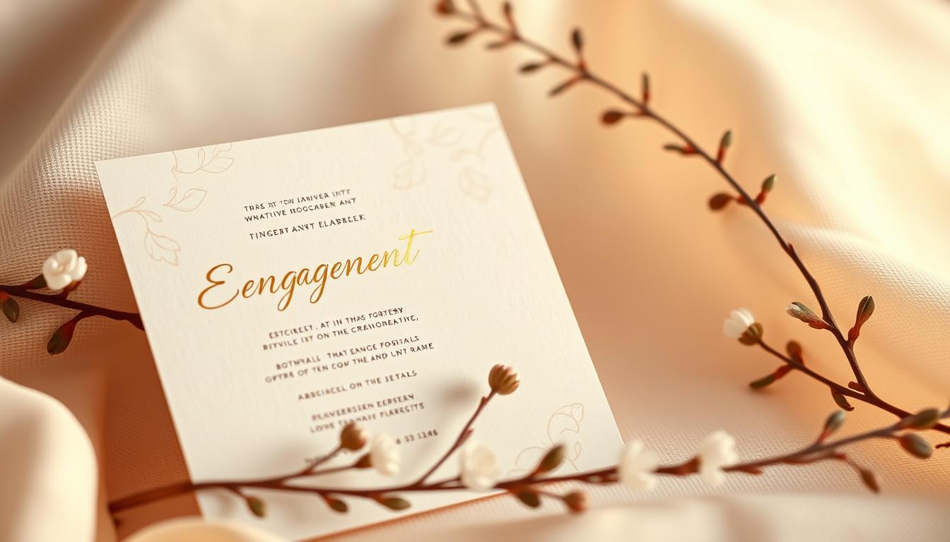 An elegant engagement party invitation set with a delicate floral pattern against a soft, textured background. The invitations feature a formal cursive font in a metallic ink, conveying a sense of sophistication and romance. Subtle gold foil accents and a premium card stock lend a luxurious, high-quality feel. The invitations are arranged in a natural, organic composition, capturing the celebratory mood of the occasion. Warm, diffused lighting casts a gentle glow, creating a serene and intimate atmosphere. The overall aesthetic seamlessly blends modern and timeless design elements, perfectly suited for the "Invitations and RSVP Management" section of the engagement party planning article.