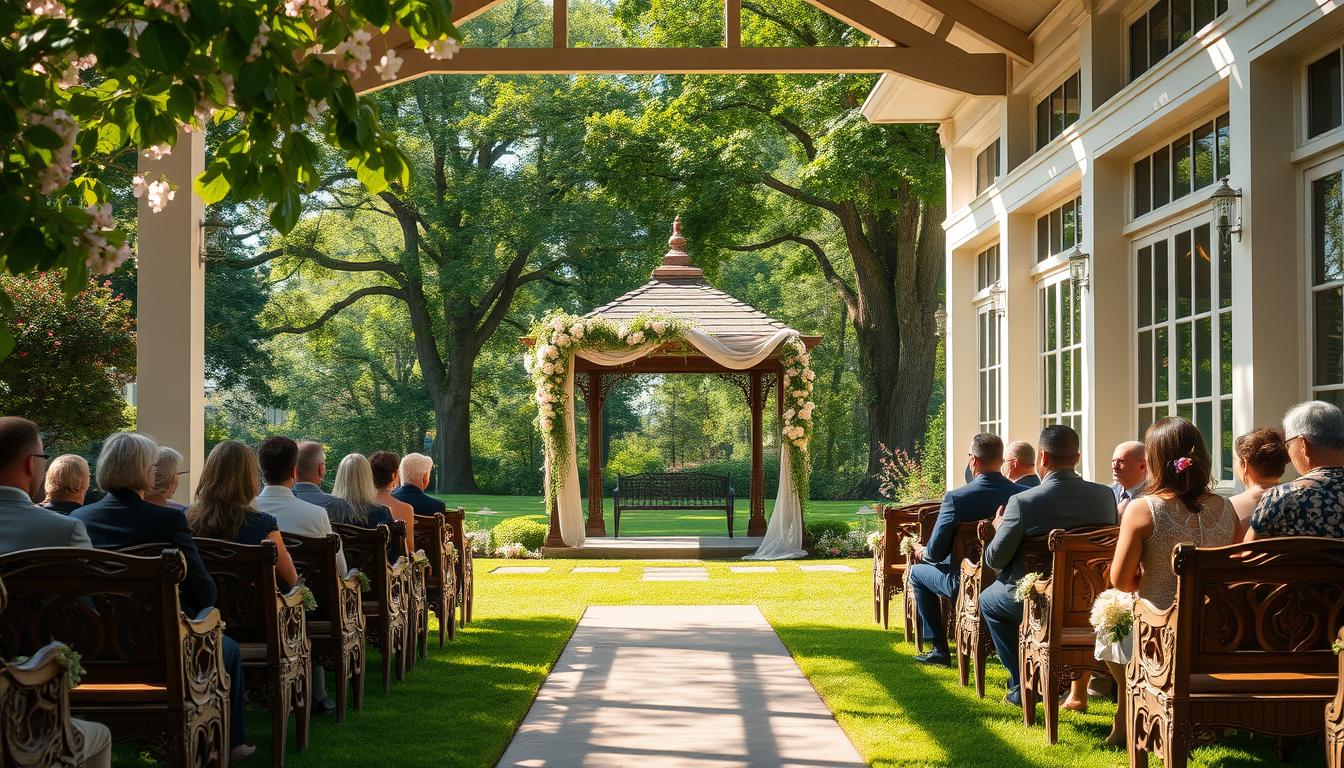 An elegant garden wedding venue in Queens, New York, with lush greenery, blooming flowers, and a serene outdoor space. A sun-dappled pathway leads to a beautifully manicured lawn surrounded by towering trees. In the foreground, a classic gazebo stands as the centerpiece, adorned with cascading vines and delicate blooms. Guests are seated on ornate wooden benches, facing an arch draped in flowing fabric and adorned with fragrant floral arrangements. The venue's architecture blends traditional and modern elements, with clean lines and large windows that invite the outdoors in. Soft, natural lighting casts a warm glow, creating a romantic and inviting atmosphere for the ceremony.