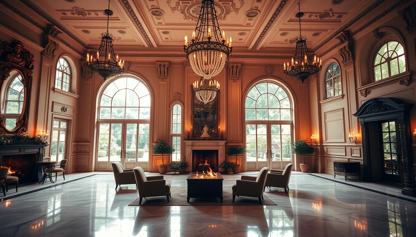 An elegant, sprawling indoor wedding venue in Brooklyn, New York, bathed in warm, soft lighting that filters through large windows overlooking a garden. The main hall features high ceilings, ornate chandeliers, and a polished marble floor. In the foreground, a cozy seating area with plush, velvet armchairs and a roaring fireplace creates an intimate ambiance. The middle ground showcases intricate architectural details, such as detailed moldings and arched entryways, while the background reveals lush, verdant greenery outside, blending the indoor and outdoor spaces seamlessly. An elegant, sprawling indoor wedding venue in Brooklyn, New York, bathed in warm, soft lighting that filters through large windows overlooking a garden. The main hall features high ceilings, ornate chandeliers, and a polished marble floor. In the foreground, a cozy seating area with plush, velvet armchairs and a roaring fireplace creates an intimate ambiance. The middle ground showcases intricate architectural details, such as detailed moldings and arched entryways, while the background reveals lush, verdant greenery outside, blending the indoor and outdoor spaces seamlessly.