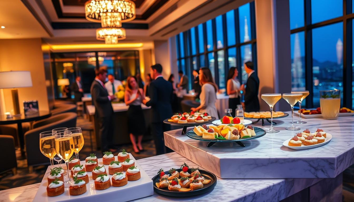 An elegant, upscale engagement party catering scene. In the foreground, a beautifully curated display of gourmet hors d'oeuvres, delicate pastries, and artisanal cocktails arranged on a marble-topped buffet table. Warm, ambient lighting casts a soft glow, accentuating the rich textures and vibrant colors of the meticulously prepared dishes. In the middle ground, smartly dressed guests mingle and converse, sipping champagne and savoring the exceptional flavors. The background features a sophisticated, modern event space with high ceilings, sleek furnishings, and floor-to-ceiling windows offering a picturesque city skyline view. An atmosphere of refined elegance and indulgence pervades the scene. An elegant, upscale engagement party catering scene. In the foreground, a beautifully curated display of gourmet hors d'oeuvres, delicate pastries, and artisanal cocktails arranged on a marble-topped buffet table. Warm, ambient lighting casts a soft glow, accentuating the rich textures and vibrant colors of the meticulously prepared dishes. In the middle ground, smartly dressed guests mingle and converse, sipping champagne and savoring the exceptional flavors. The background features a sophisticated, modern event space with high ceilings, sleek furnishings, and floor-to-ceiling windows offering a picturesque city skyline view. An atmosphere of refined elegance and indulgence pervades the scene.