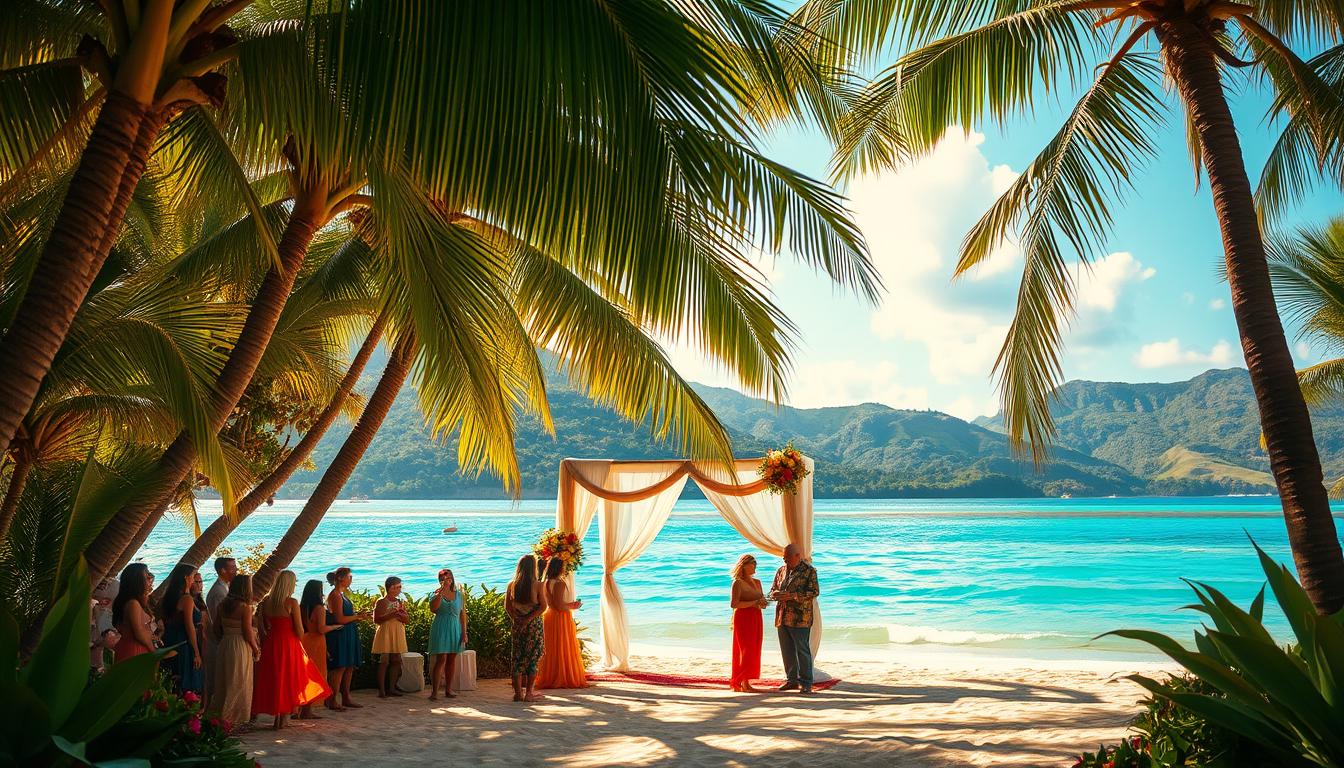 An exotic seaside ceremony in a tropical paradise. A lush, sun-dappled beach framed by swaying palms and vibrant flora. In the foreground, a ceremonial arch adorned with fragrant blooms and draped in shimmering fabrics. Guests gather on the soft, golden sand, dressed in vibrant attire. Warm, golden light filters through the scene, casting a dreamy, romantic glow. In the distance, crystal-clear turquoise waters lap against the shore, with a backdrop of verdant, undulating hills. A tranquil, serene atmosphere permeates the intimate gathering, celebrating love and commitment in a breathtaking natural setting. An exotic seaside ceremony in a tropical paradise. A lush, sun-dappled beach framed by swaying palms and vibrant flora. In the foreground, a ceremonial arch adorned with fragrant blooms and draped in shimmering fabrics. Guests gather on the soft, golden sand, dressed in vibrant attire. Warm, golden light filters through the scene, casting a dreamy, romantic glow. In the distance, crystal-clear turquoise waters lap against the shore, with a backdrop of verdant, undulating hills. A tranquil, serene atmosphere permeates the intimate gathering, celebrating love and commitment in a breathtaking natural setting.