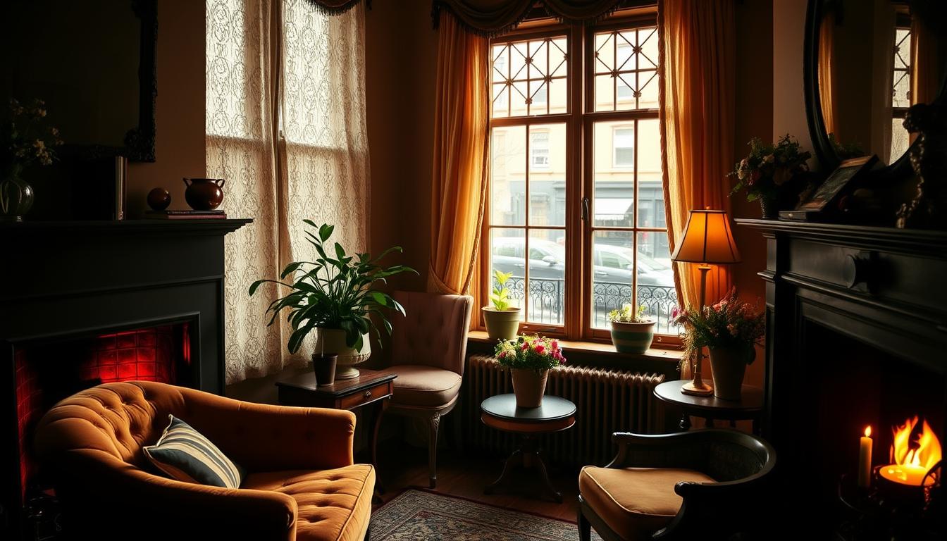 An intimate, cozy elopement venue in the heart of Harlem, New York. A quaint brownstone with warm, golden lighting filtering through lace-curtained windows. Plush velvet armchairs and a crackling fireplace create a romantic, vintage atmosphere. Potted ferns and fresh flower arrangements adorn antique side tables, while a large bay window overlooks a picturesque urban street. Soft, diffused lighting casts a dreamy glow, highlighting the elegant, historic architecture. The space feels secluded and private, perfect for an intimate, candlelit celebration of love. An intimate, cozy elopement venue in the heart of Harlem, New York. A quaint brownstone with warm, golden lighting filtering through lace-curtained windows. Plush velvet armchairs and a crackling fireplace create a romantic, vintage atmosphere. Potted ferns and fresh flower arrangements adorn antique side tables, while a large bay window overlooks a picturesque urban street. Soft, diffused lighting casts a dreamy glow, highlighting the elegant, historic architecture. The space feels secluded and private, perfect for an intimate, candlelit celebration of love.