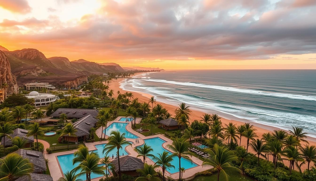 Beachfront resort in Southern California with a lush, tropical landscape. In the foreground, a sprawling open-air resort with thatched-roof bungalows and azure pools overlooking the Pacific Ocean. In the middle ground, swaying palm trees and a long stretch of golden sand beach. In the background, rugged coastal cliffs and a vibrant sunset sky with warm, golden light. The scene exudes a sense of relaxation, luxury, and natural beauty that embodies the quintessential California beach resort experience. Beachfront resort in Southern California with a lush, tropical landscape. In the foreground, a sprawling open-air resort with thatched-roof bungalows and azure pools overlooking the Pacific Ocean. In the middle ground, swaying palm trees and a long stretch of golden sand beach. In the background, rugged coastal cliffs and a vibrant sunset sky with warm, golden light. The scene exudes a sense of relaxation, luxury, and natural beauty that embodies the quintessential California beach resort experience.