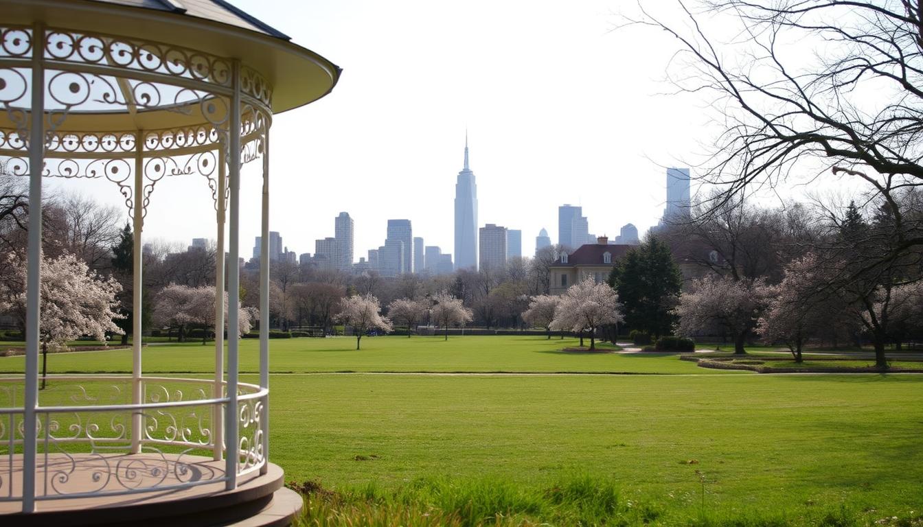 Central Park wedding permit options, captured in a classic documentary style photograph. A formal garden gazebo stands in the foreground, its delicate wrought-iron structure bathed in soft, diffused afternoon light. In the middle ground, a well-manicured lawn stretches out, dotted with blooming cherry blossom trees. The iconic Manhattan skyline rises in the distance, a dramatic backdrop for this idyllic urban oasis. The scene conveys a sense of elegance and tranquility, hinting at the various permit options available for couples seeking to host their nuptials in this beloved New York landmark. Central Park wedding permit options, captured in a classic documentary style photograph. A formal garden gazebo stands in the foreground, its delicate wrought-iron structure bathed in soft, diffused afternoon light. In the middle ground, a well-manicured lawn stretches out, dotted with blooming cherry blossom trees. The iconic Manhattan skyline rises in the distance, a dramatic backdrop for this idyllic urban oasis. The scene conveys a sense of elegance and tranquility, hinting at the various permit options available for couples seeking to host their nuptials in this beloved New York landmark.