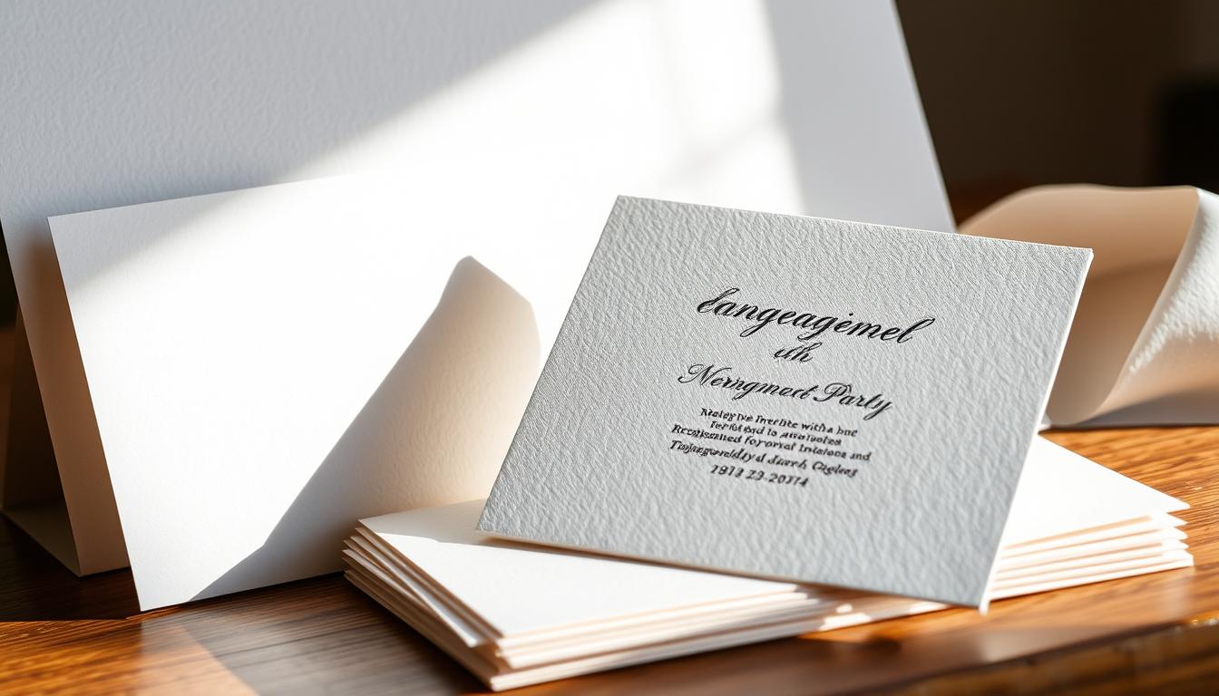 Elegant engraved engagement party invitations set against a backdrop of plush textured paper, illuminated by soft natural lighting. The invitations feature a delicate floral design with a modern calligraphic script, conveying a sense of refined sophistication. In the foreground, a stack of the invitations sits atop a wooden surface, their edges slightly turned to reveal the luxurious texture. The overall mood is one of understated luxury, hinting at the personal and thoughtful nature of these custom-designed stationery pieces.