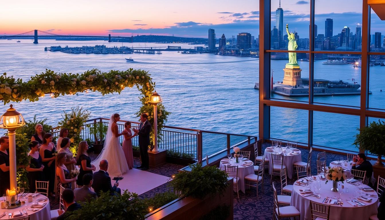 Elegant waterfront wedding venue in New York City, with sweeping views of the Statue of Liberty and the Manhattan skyline. A picturesque outdoor ceremony space overlooking the serene waters of the Hudson River, with lush greenery and warm, golden lighting casting a romantic glow. Couples exchanging vows against the iconic backdrop of the city's landmarks, surrounded by their loved ones. The reception takes place in a charming, refined indoor hall, with floor-to-ceiling windows offering a breathtaking panorama of the New York Harbor. Sophisticated, refined decor with touches of luxury, creating an enchanting atmosphere for a memorable celebration. Elegant waterfront wedding venue in New York City, with sweeping views of the Statue of Liberty and the Manhattan skyline. A picturesque outdoor ceremony space overlooking the serene waters of the Hudson River, with lush greenery and warm, golden lighting casting a romantic glow. Couples exchanging vows against the iconic backdrop of the city's landmarks, surrounded by their loved ones. The reception takes place in a charming, refined indoor hall, with floor-to-ceiling windows offering a breathtaking panorama of the New York Harbor. Sophisticated, refined decor with touches of luxury, creating an enchanting atmosphere for a memorable celebration.