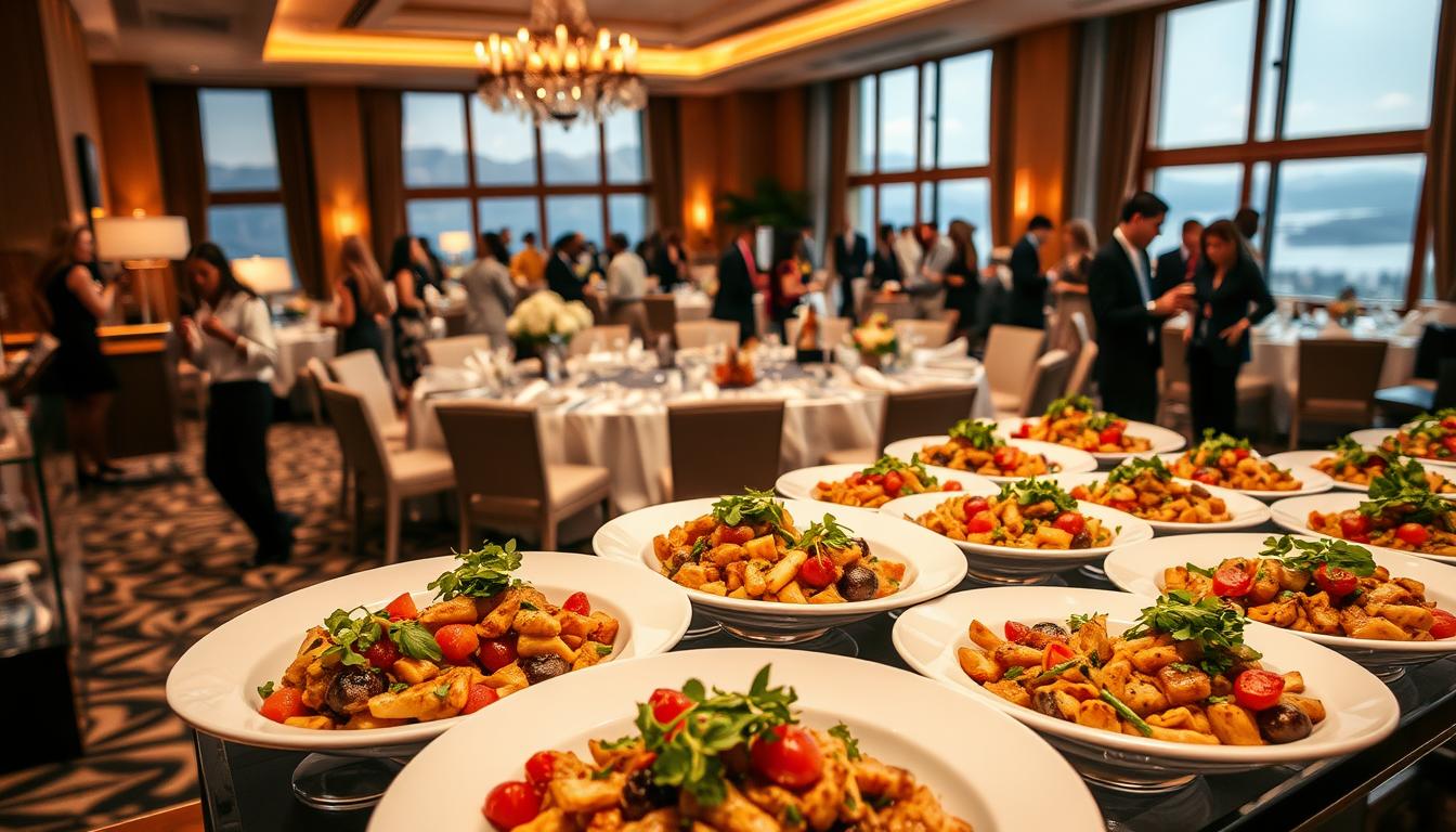 High-quality engagement party catering vendors, presented in a sophisticated, elegant setting. A foreground of expertly-prepared gourmet dishes, garnished with fresh herbs and vibrant colors, inviting the viewer to imagine the flavors. In the middle ground, uniformed servers gracefully move through the scene, attending to the needs of well-dressed guests mingling around immaculately set tables. The background reveals a luxurious event space, with warm lighting, plush furnishings, and panoramic windows offering picturesque views. An atmosphere of refined sophistication, where exceptional culinary craft and attentive service come together to create an unforgettable engagement party experience. High-quality engagement party catering vendors, presented in a sophisticated, elegant setting. A foreground of expertly-prepared gourmet dishes, garnished with fresh herbs and vibrant colors, inviting the viewer to imagine the flavors. In the middle ground, uniformed servers gracefully move through the scene, attending to the needs of well-dressed guests mingling around immaculately set tables. The background reveals a luxurious event space, with warm lighting, plush furnishings, and panoramic windows offering picturesque views. An atmosphere of refined sophistication, where exceptional culinary craft and attentive service come together to create an unforgettable engagement party experience.