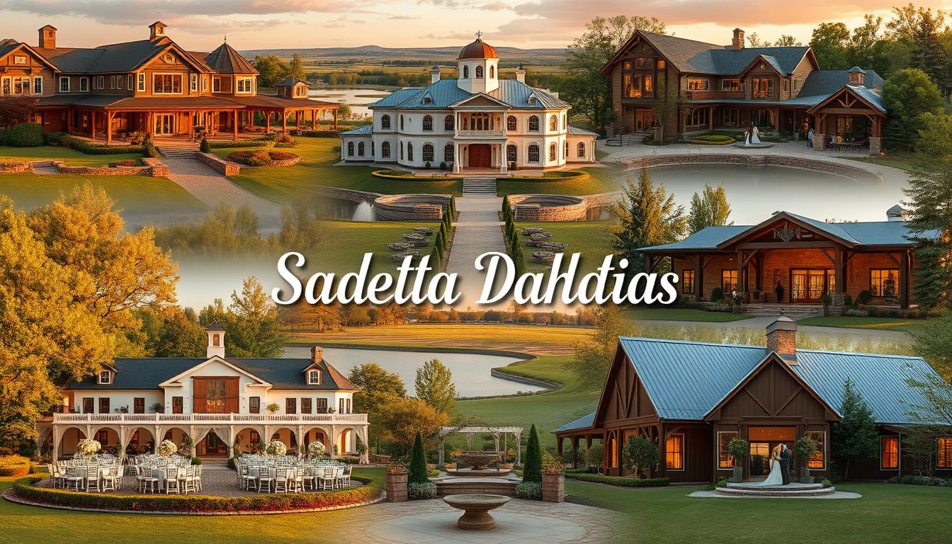 High-resolution, detailed, photorealistic image of a variety of upscale wedding venues in South Dakota, showcasing their elegant architecture, natural surroundings, and picturesque settings. Capture the grandeur and charm of these venues, with a focus on their outdoor spaces, such as scenic gardens, lakeside locations, and rustic barns. Depict the venues in warm, golden natural lighting, creating a romantic and inviting atmosphere. Convey a sense of sophistication and refinement that would appeal to couples planning their dream South Dakota wedding. High-resolution, detailed, photorealistic image of a variety of upscale wedding venues in South Dakota, showcasing their elegant architecture, natural surroundings, and picturesque settings. Capture the grandeur and charm of these venues, with a focus on their outdoor spaces, such as scenic gardens, lakeside locations, and rustic barns. Depict the venues in warm, golden natural lighting, creating a romantic and inviting atmosphere. Convey a sense of sophistication and refinement that would appeal to couples planning their dream South Dakota wedding.