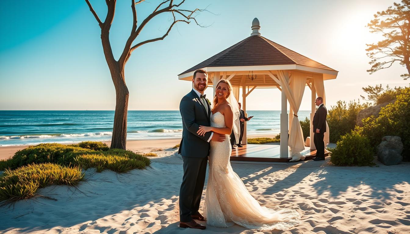 Long Island beach wedding venue, sun-drenched and serene, with soft white sand, gentle waves lapping the shore, and a picturesque gazebo nestled amidst lush greenery. Capture the scene with a wide-angle lens, showcasing the breathtaking panorama of the Atlantic Ocean in the background, with a warm, golden hour glow illuminating the couple and their guests. Utilize a shallow depth of field to highlight the couple at the center, their faces radiating joy and love, while the surrounding natural beauty creates a stunning, romantic backdrop. Convey a sense of tranquility and timeless elegance that epitomizes the unique charm of this coastal wedding destination. Long Island beach wedding venue, sun-drenched and serene, with soft white sand, gentle waves lapping the shore, and a picturesque gazebo nestled amidst lush greenery. Capture the scene with a wide-angle lens, showcasing the breathtaking panorama of the Atlantic Ocean in the background, with a warm, golden hour glow illuminating the couple and their guests. Utilize a shallow depth of field to highlight the couple at the center, their faces radiating joy and love, while the surrounding natural beauty creates a stunning, romantic backdrop. Convey a sense of tranquility and timeless elegance that epitomizes the unique charm of this coastal wedding destination.