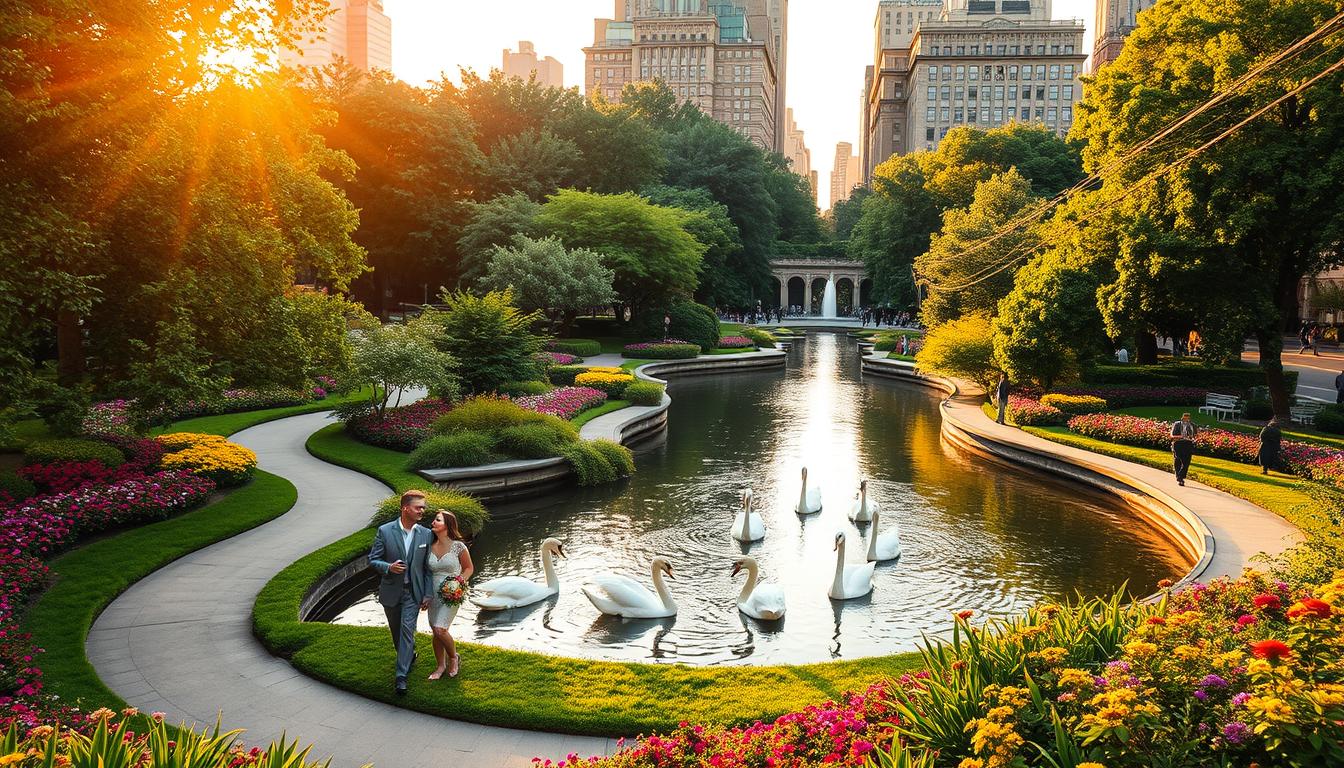 Lush, vibrant parks and serene gardens in the heart of downtown Manhattan, bathed in the warm glow of golden hour sunlight. Verdant trees and colorful flower beds frame a tranquil pond, where elegant swans glide across the glistening surface. In the foreground, couples stroll hand-in-hand along meandering paths, surrounded by the architectural splendor of historic buildings. The scene exudes a romantic, enchanting atmosphere, perfect for an outdoor wedding celebration. Lush, vibrant parks and serene gardens in the heart of downtown Manhattan, bathed in the warm glow of golden hour sunlight. Verdant trees and colorful flower beds frame a tranquil pond, where elegant swans glide across the glistening surface. In the foreground, couples stroll hand-in-hand along meandering paths, surrounded by the architectural splendor of historic buildings. The scene exudes a romantic, enchanting atmosphere, perfect for an outdoor wedding celebration.