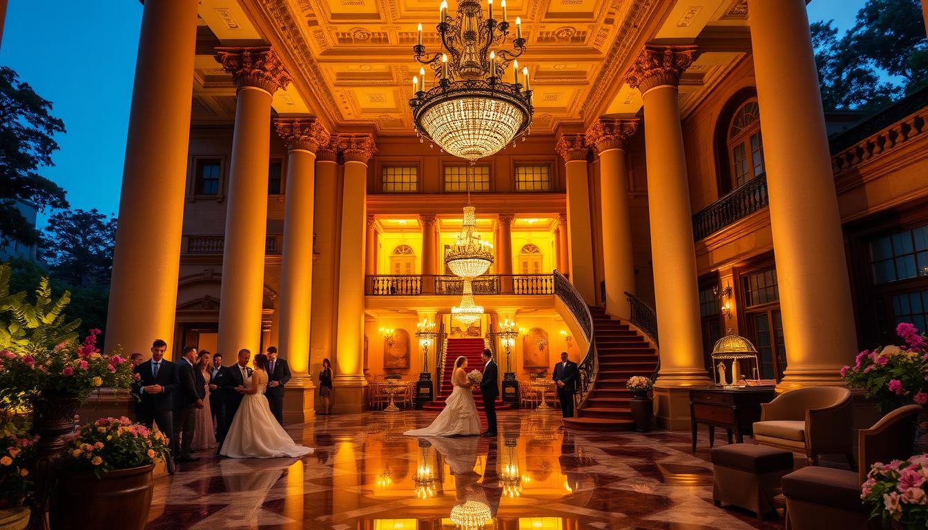 Luxurious wedding venue in the heart of Harlem, New York City. A grand, historic mansion with ornate facade, towering columns, and manicured gardens. Warm, golden lighting illuminates the elegant ballroom, where high ceilings, intricate chandeliers, and rich, mahogany furnishings create an atmosphere of refined sophistication. Couples mingle amid the opulent decor, their flowing gowns and tuxedos reflected in the polished marble floors. Sweeping staircase leads to a lavish bridal suite, where the bride prepares amidst the vintage charm. Lush greenery and blooming flowers frame the outdoor terrace, offering a picturesque setting for cocktails and photographs against the iconic Harlem skyline. Luxurious wedding venue in the heart of Harlem, New York City. A grand, historic mansion with ornate facade, towering columns, and manicured gardens. Warm, golden lighting illuminates the elegant ballroom, where high ceilings, intricate chandeliers, and rich, mahogany furnishings create an atmosphere of refined sophistication. Couples mingle amid the opulent decor, their flowing gowns and tuxedos reflected in the polished marble floors. Sweeping staircase leads to a lavish bridal suite, where the bride prepares amidst the vintage charm. Lush greenery and blooming flowers frame the outdoor terrace, offering a picturesque setting for cocktails and photographs against the iconic Harlem skyline.