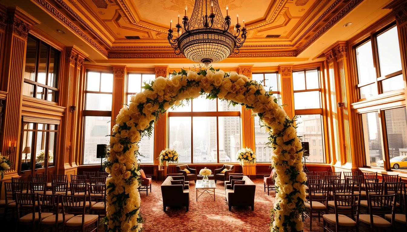 Majestic NYC wedding venues, grand architecture and elegant interiors, bathed in warm, golden light. A stunning ballroom with ornate chandeliers and detailed moldings, floor-to-ceiling windows offering breathtaking city skyline views. In the foreground, a romantic floral arch, cascading blooms framing the ceremony space. Across the middle ground, a sophisticated lounge area with plush seating, intimate conversation nooks. The background reveals the bustling streets of Manhattan, skyscrapers and yellow cabs, setting the perfect urban backdrop for this special occasion. Majestic NYC wedding venues, grand architecture and elegant interiors, bathed in warm, golden light. A stunning ballroom with ornate chandeliers and detailed moldings, floor-to-ceiling windows offering breathtaking city skyline views. In the foreground, a romantic floral arch, cascading blooms framing the ceremony space. Across the middle ground, a sophisticated lounge area with plush seating, intimate conversation nooks. The background reveals the bustling streets of Manhattan, skyscrapers and yellow cabs, setting the perfect urban backdrop for this special occasion.