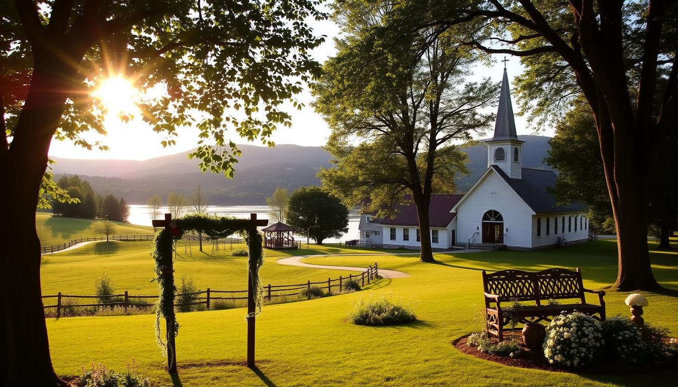 Picturesque Vermont wedding venues: a lush, verdant landscape with rolling hills, babbling brooks, and quaint historic barns. In the foreground, a well-manicured garden hosts a rustic wooden arch adorned with cascading vines and wildflowers. Warm, natural sunlight filters through the canopy of mature trees, casting a soft, romantic glow. The middle ground showcases a charming white clapboard church with a tall steeple, its stained-glass windows glinting. In the distance, a tranquil lake reflects the surrounding mountains, creating a serene, idyllic atmosphere. This harmonious blend of natural beauty and traditional architecture evokes the timeless elegance of a Vermont wedding ceremony. Picturesque Vermont wedding venues: a lush, verdant landscape with rolling hills, babbling brooks, and quaint historic barns. In the foreground, a well-manicured garden hosts a rustic wooden arch adorned with cascading vines and wildflowers. Warm, natural sunlight filters through the canopy of mature trees, casting a soft, romantic glow. The middle ground showcases a charming white clapboard church with a tall steeple, its stained-glass windows glinting. In the distance, a tranquil lake reflects the surrounding mountains, creating a serene, idyllic atmosphere. This harmonious blend of natural beauty and traditional architecture evokes the timeless elegance of a Vermont wedding ceremony.