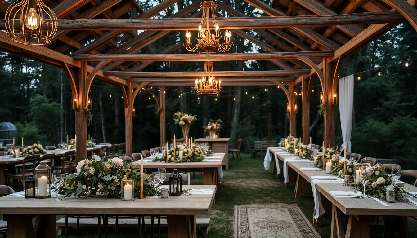 Rustic wedding decor, set against a natural backdrop. Weathered wooden beams and vintage chandeliers hang overhead, casting a warm, ambient glow. Centerpieces of wildflowers, greenery, and candles adorn simple, unfinished wood tables. Soft, muted tones of blush, sage, and ivory create a cozy, intimate atmosphere. Lanterns and string lights twinkle in the twilight, while a vintage-inspired rug underfoot adds texture and charm. Gentle breeze rustles through the leaves, as guests mingle and celebrate the occasion in this enchanting, woodland-inspired setting. Rustic wedding decor, set against a natural backdrop. Weathered wooden beams and vintage chandeliers hang overhead, casting a warm, ambient glow. Centerpieces of wildflowers, greenery, and candles adorn simple, unfinished wood tables. Soft, muted tones of blush, sage, and ivory create a cozy, intimate atmosphere. Lanterns and string lights twinkle in the twilight, while a vintage-inspired rug underfoot adds texture and charm. Gentle breeze rustles through the leaves, as guests mingle and celebrate the occasion in this enchanting, woodland-inspired setting.