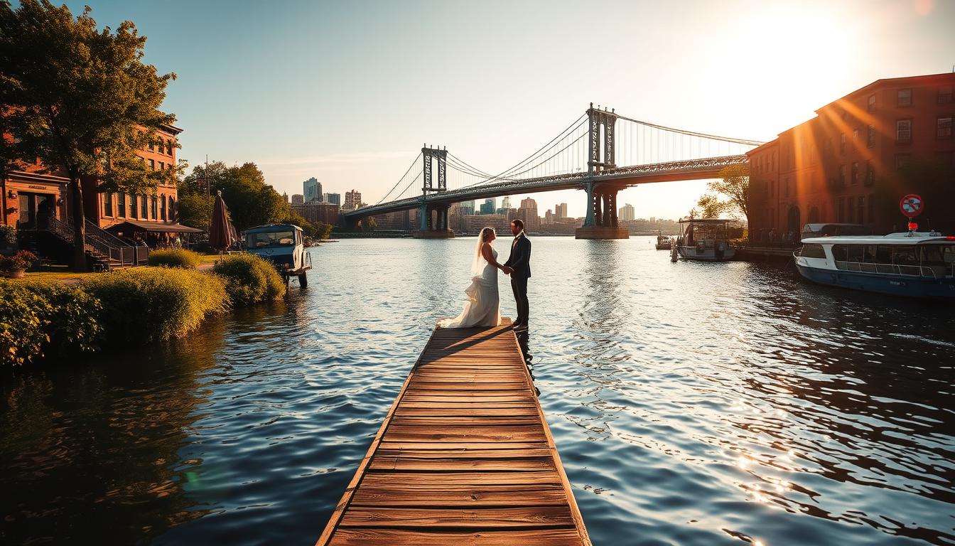 Scenic waterfront on the East River in Brooklyn, New York. A tranquil cove with a wooden dock stretching into the calm waters, surrounded by lush greenery and brownstone buildings. Warm, golden-hour sunlight bathes the scene, casting long shadows and warm reflections in the rippling surface. An elegant couple pose effortlessly on the dock, their wedding attire complementing the natural setting. A cinematic, romantic atmosphere pervades the frame, with a lens flare adding a touch of dreaminess. The Brooklyn Bridge looms in the distance, silhouetted against a vibrant sky. Scenic waterfront on the East River in Brooklyn, New York. A tranquil cove with a wooden dock stretching into the calm waters, surrounded by lush greenery and brownstone buildings. Warm, golden-hour sunlight bathes the scene, casting long shadows and warm reflections in the rippling surface. An elegant couple pose effortlessly on the dock, their wedding attire complementing the natural setting. A cinematic, romantic atmosphere pervades the frame, with a lens flare adding a touch of dreaminess. The Brooklyn Bridge looms in the distance, silhouetted against a vibrant sky.